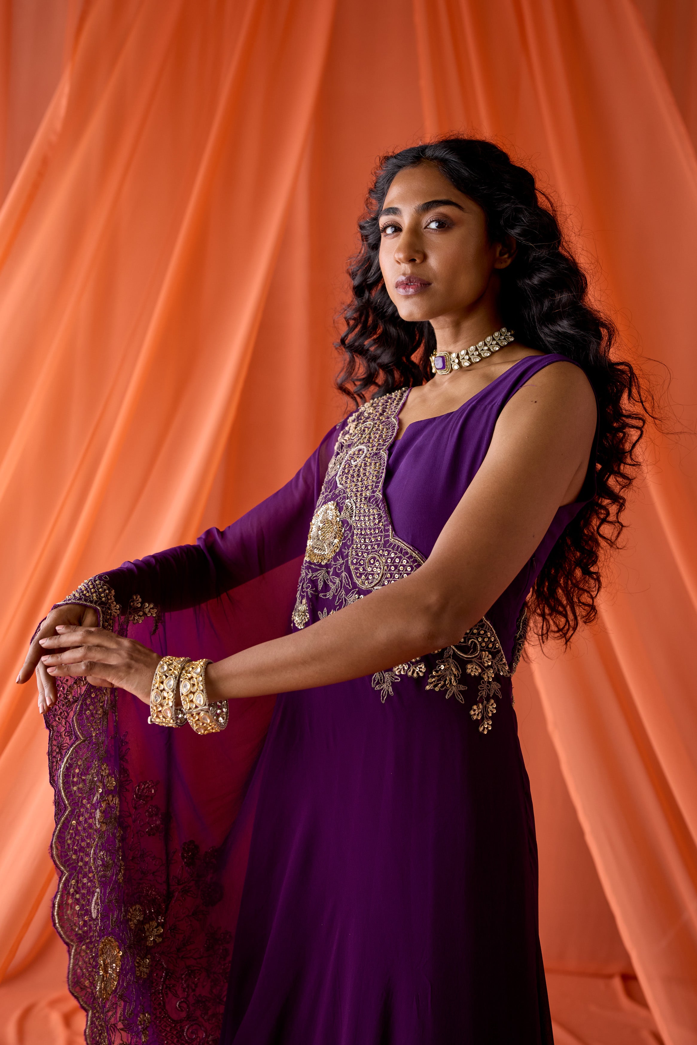 Purple Embellished Georgette Silk Gown Set