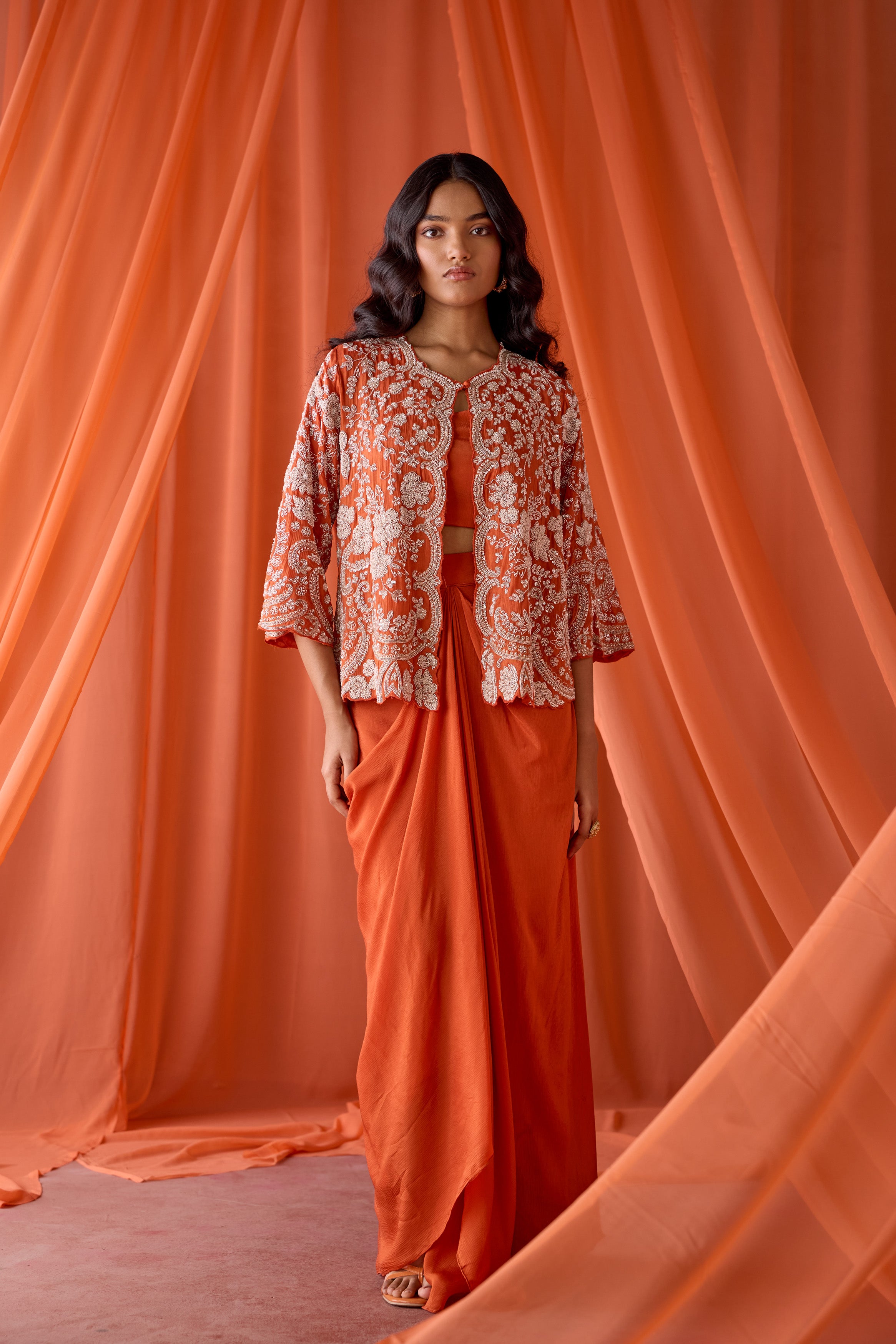 Fire Orange Embellished Chinon Silk Skirt Set