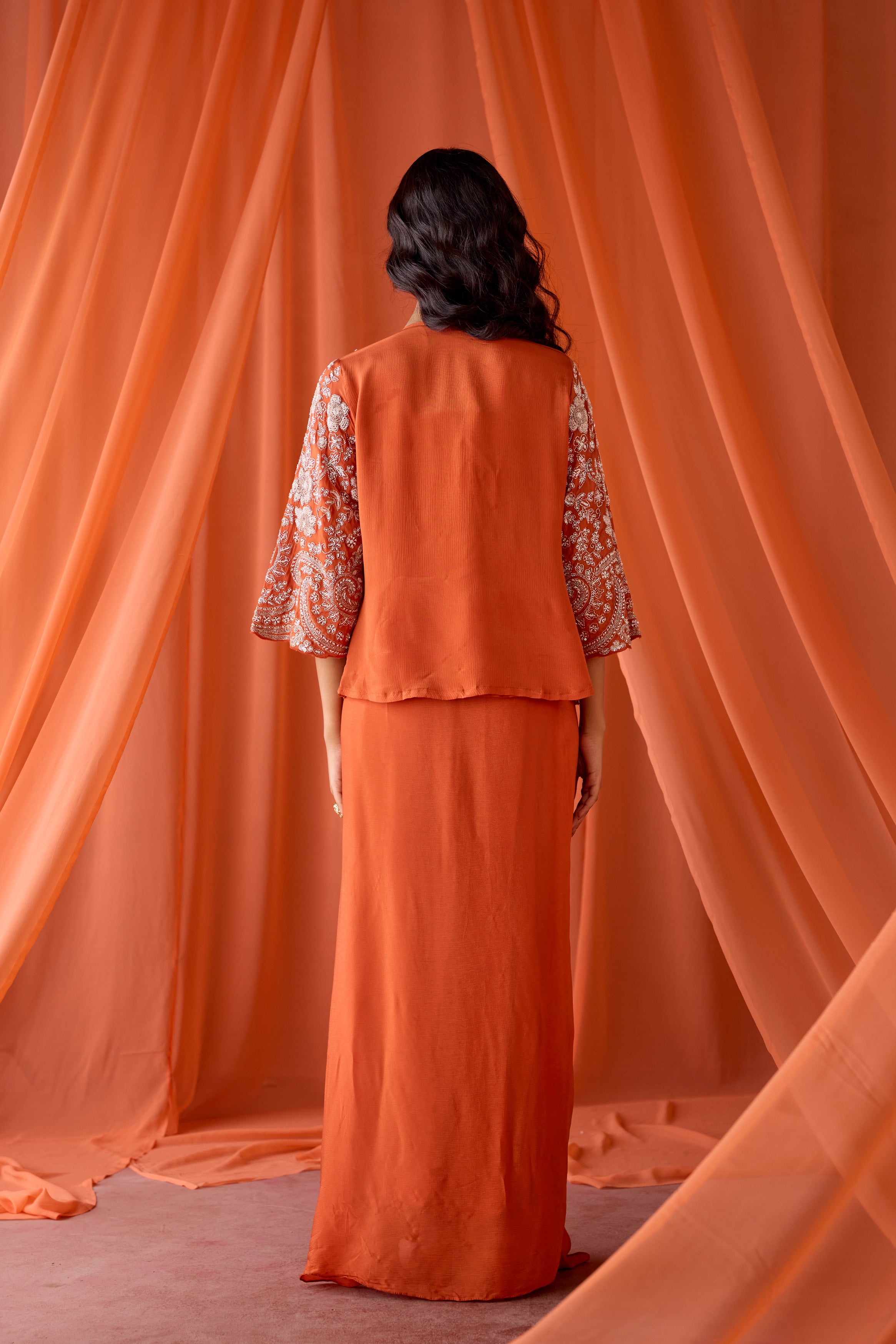 Fire Orange Embellished Chinon Silk Skirt Set