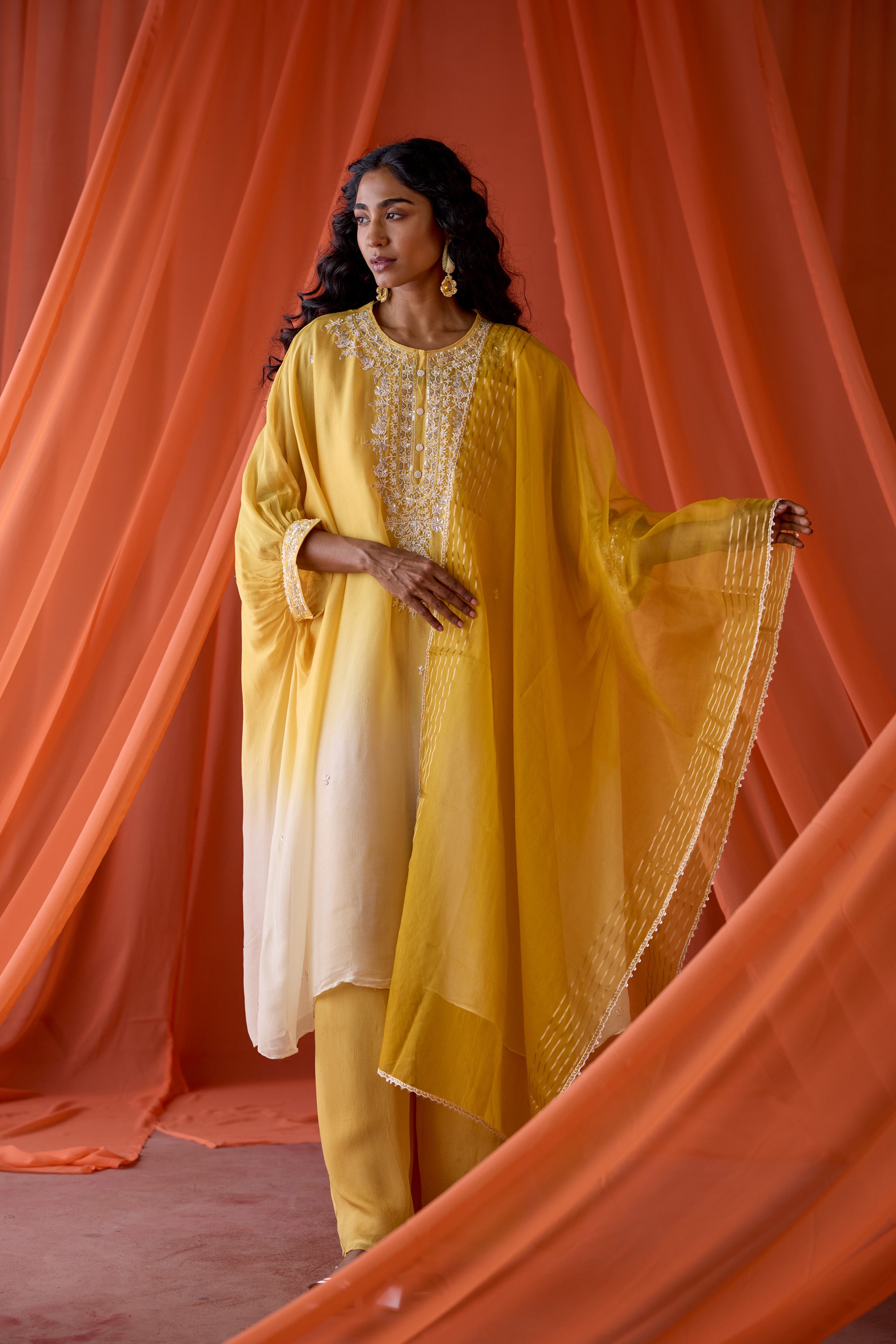 Golden Sunrise Embellished Chinon Silk Kaftan Set