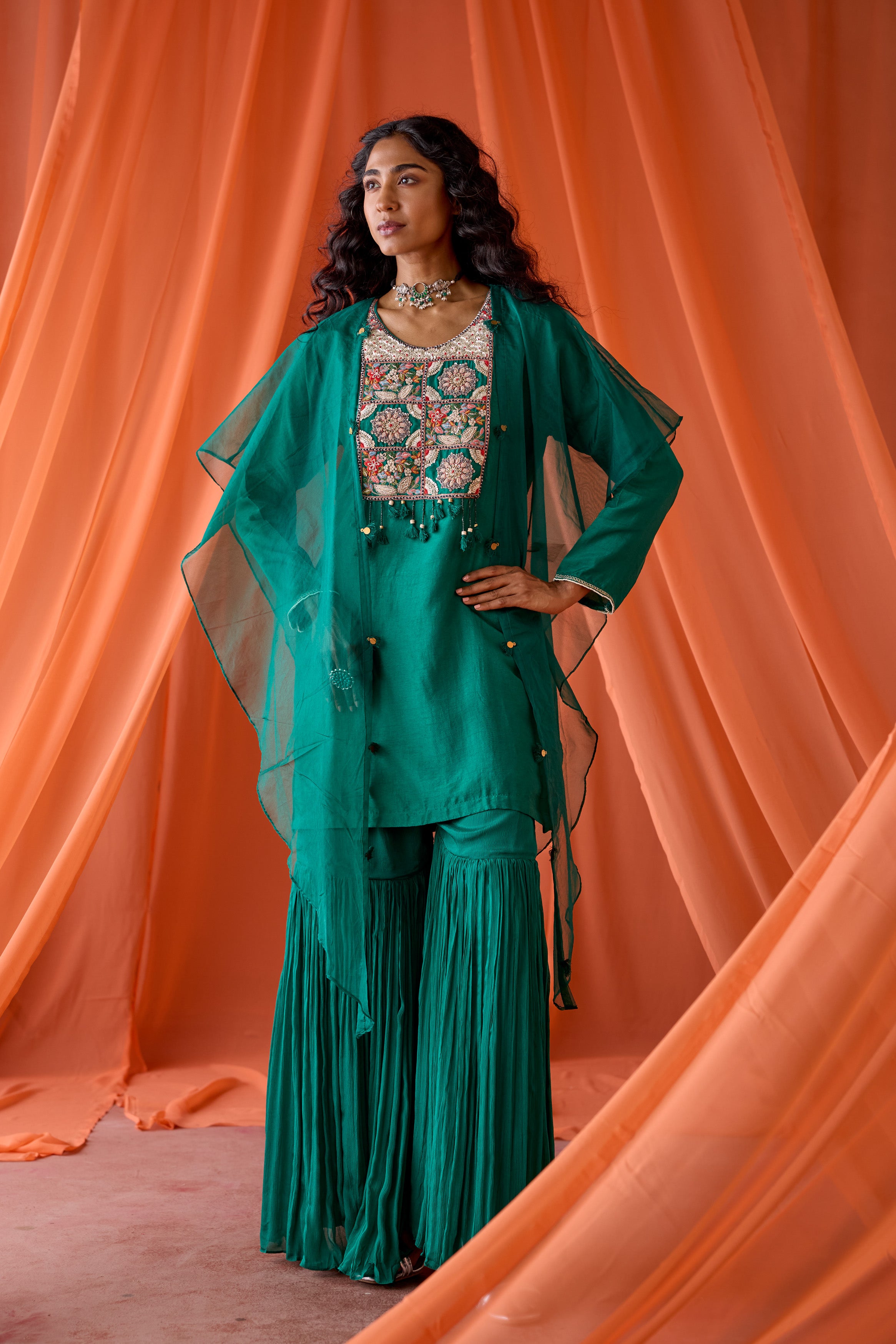 Teal Green Embellished Raw Silk Sharara Set