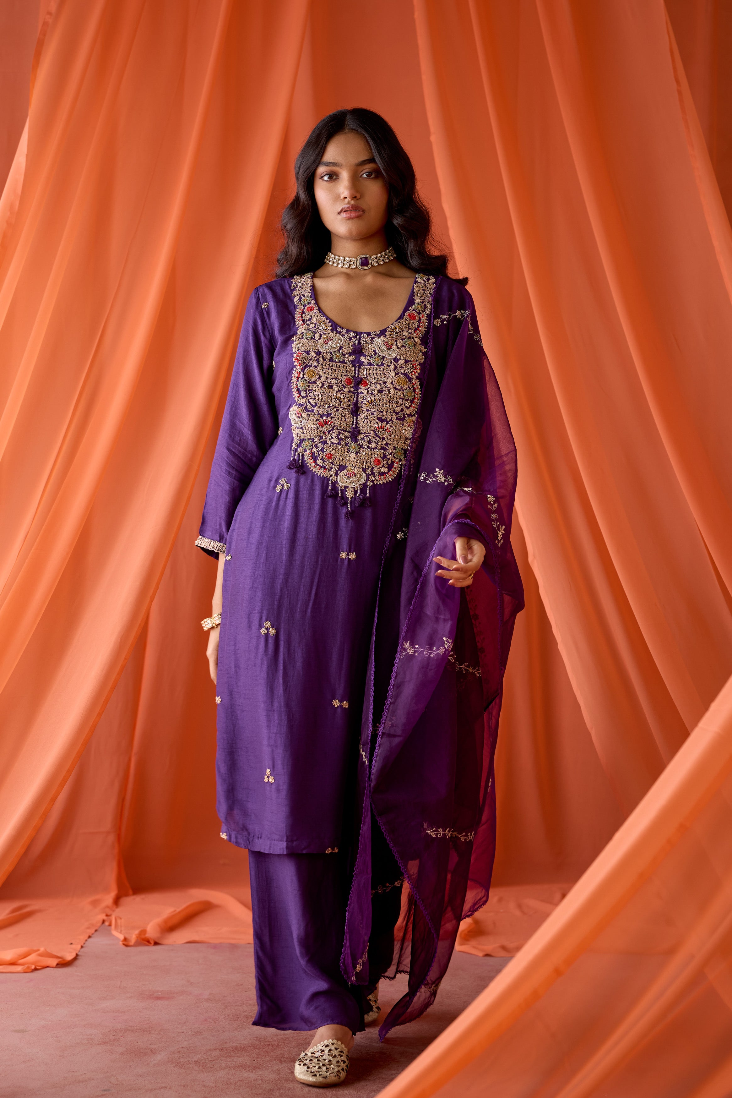 Royal Orchid Embellished Raw Silk Pant Set