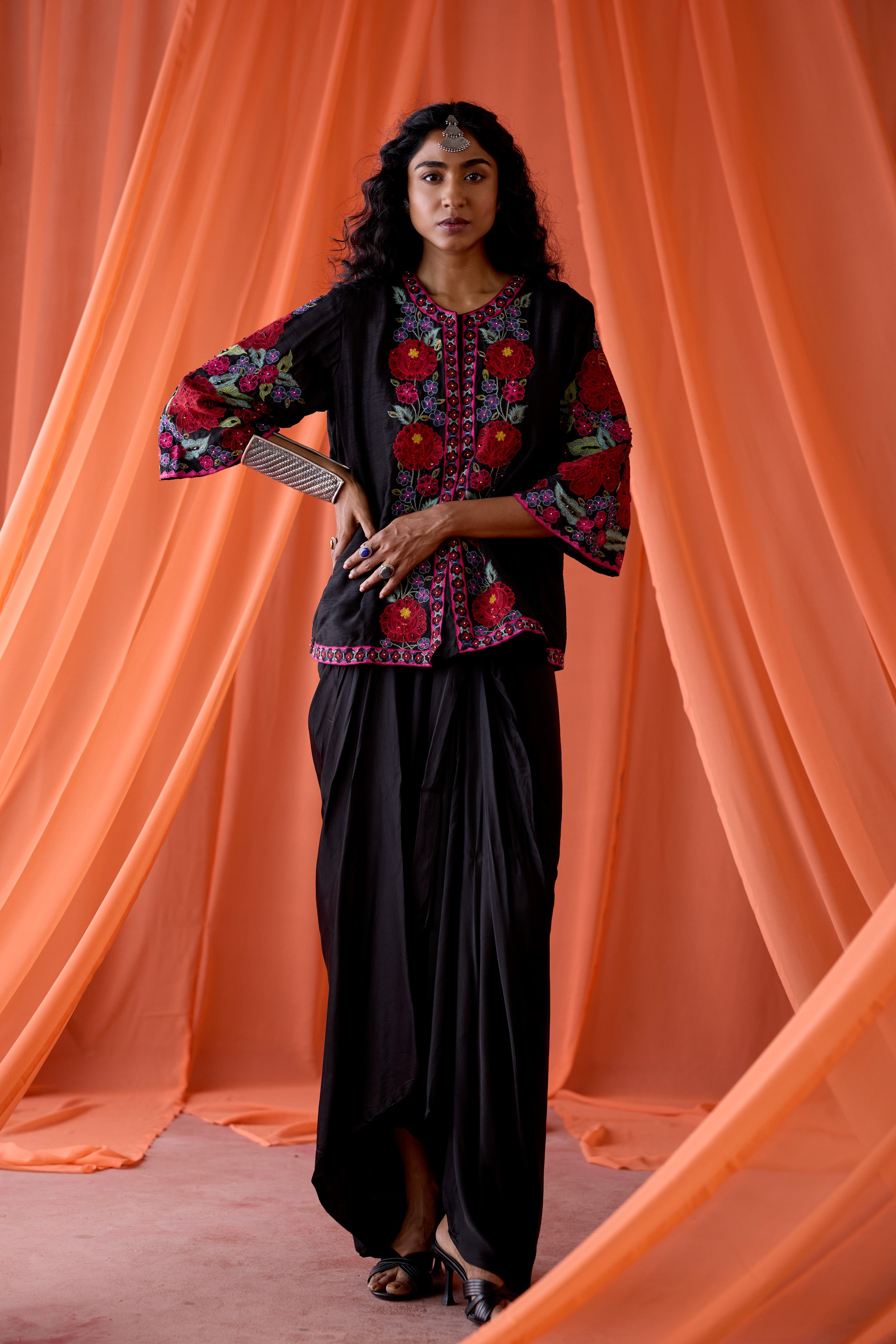 Classic Black Embellished Satin Silk Skirt Set