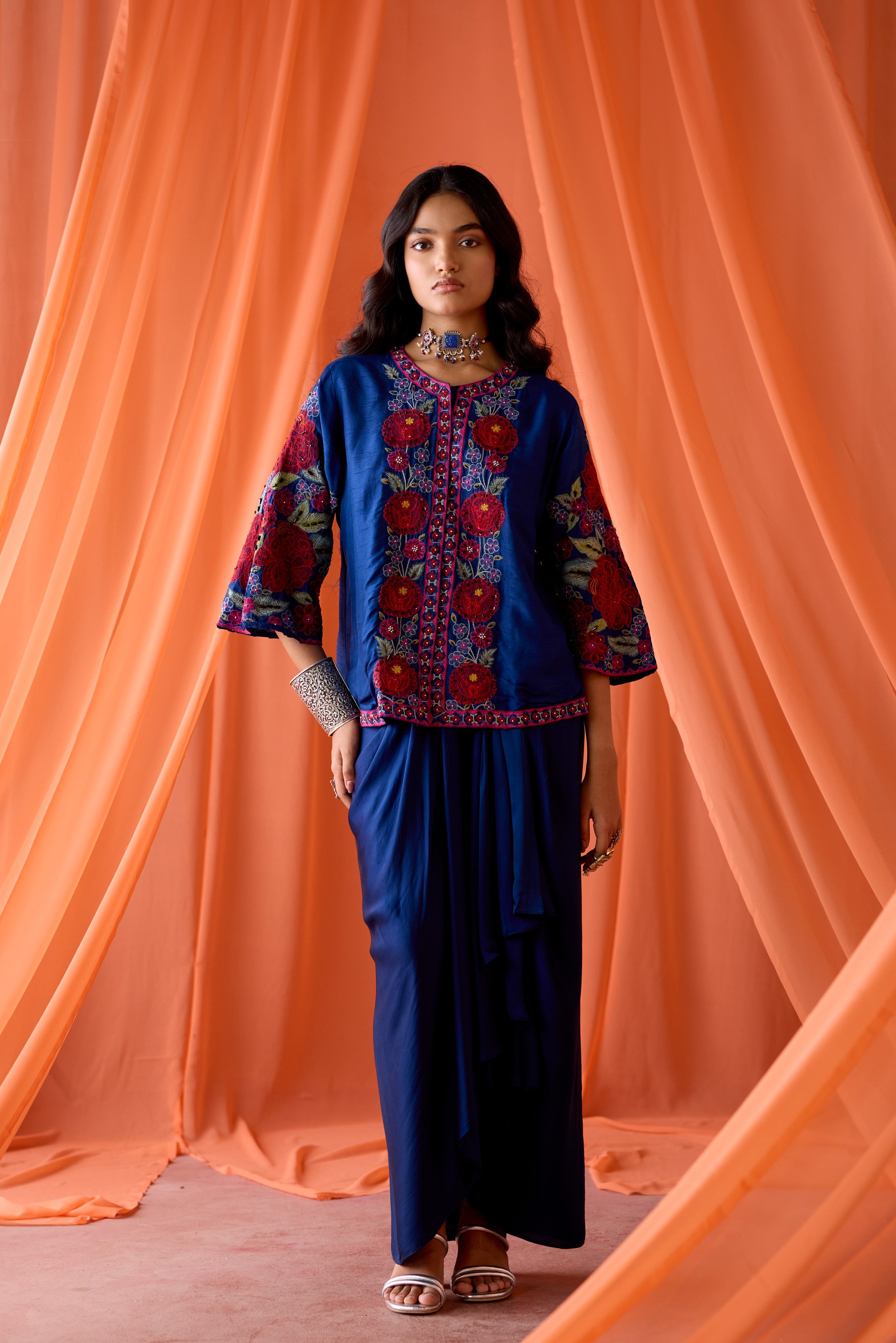Royal Blue Embellished Satin Silk Skirt Set