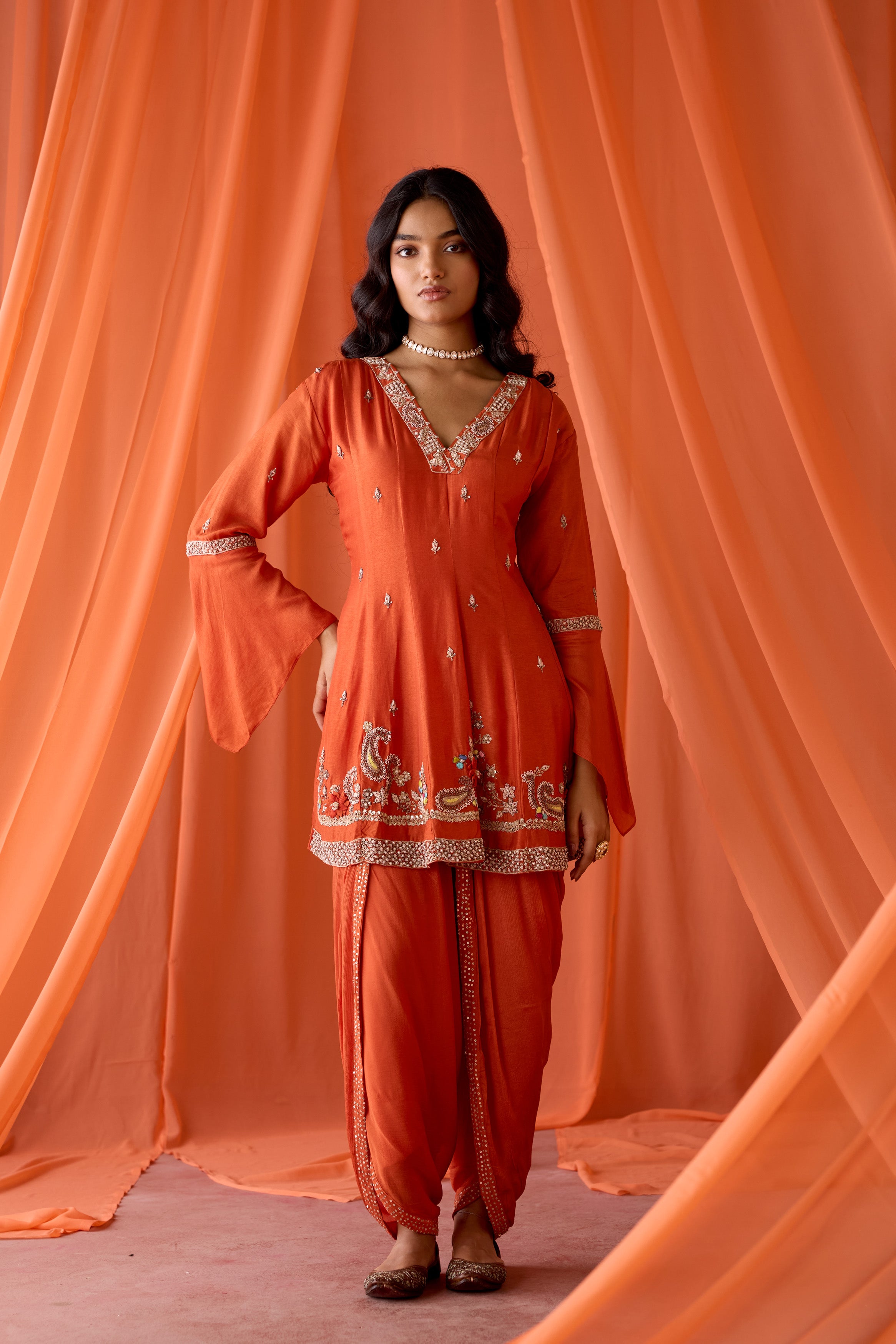Dusky Orange Embellished Chinon Silk Dhoti Set