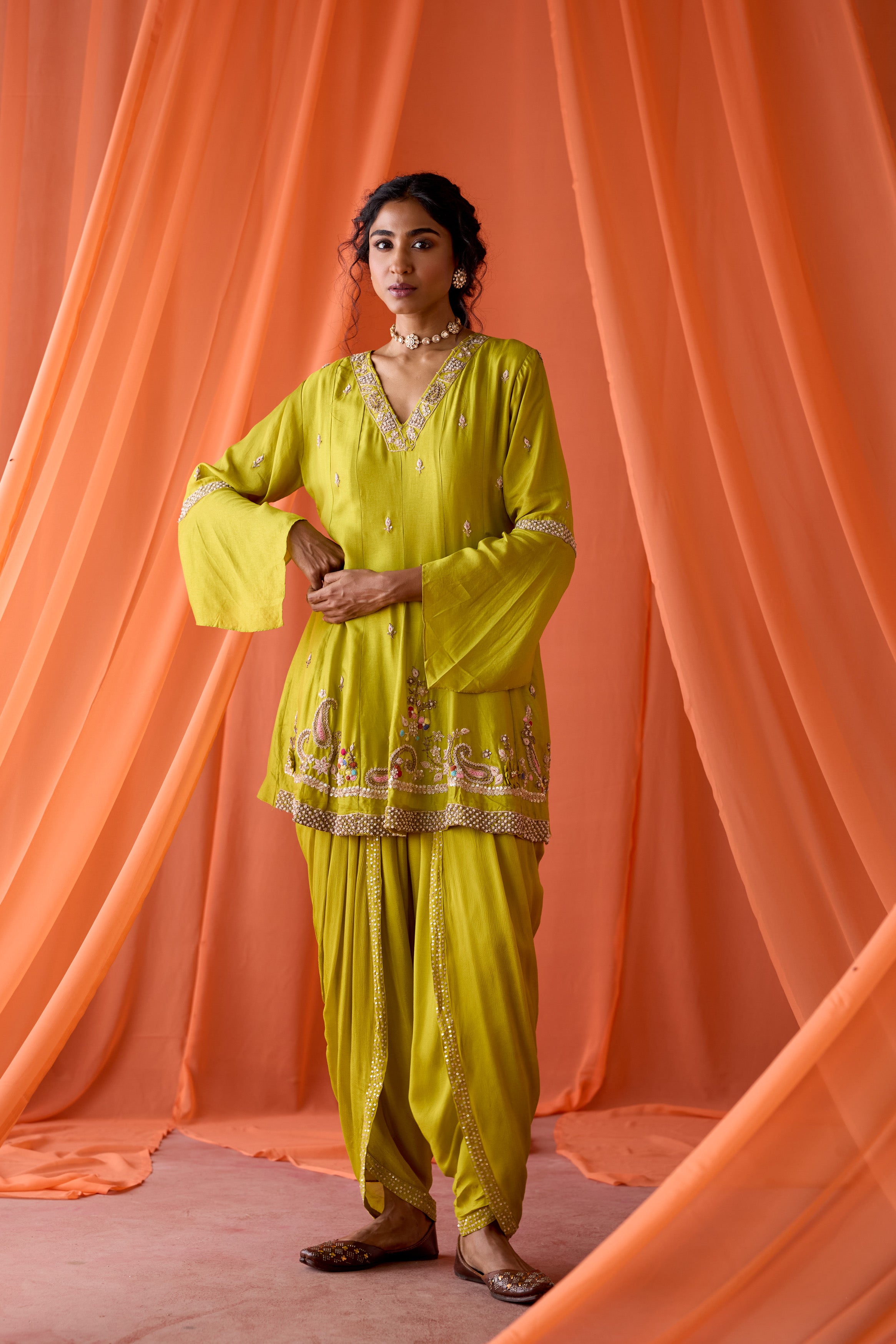 Parrot Green Embellished Chinon Silk Dhoti Set