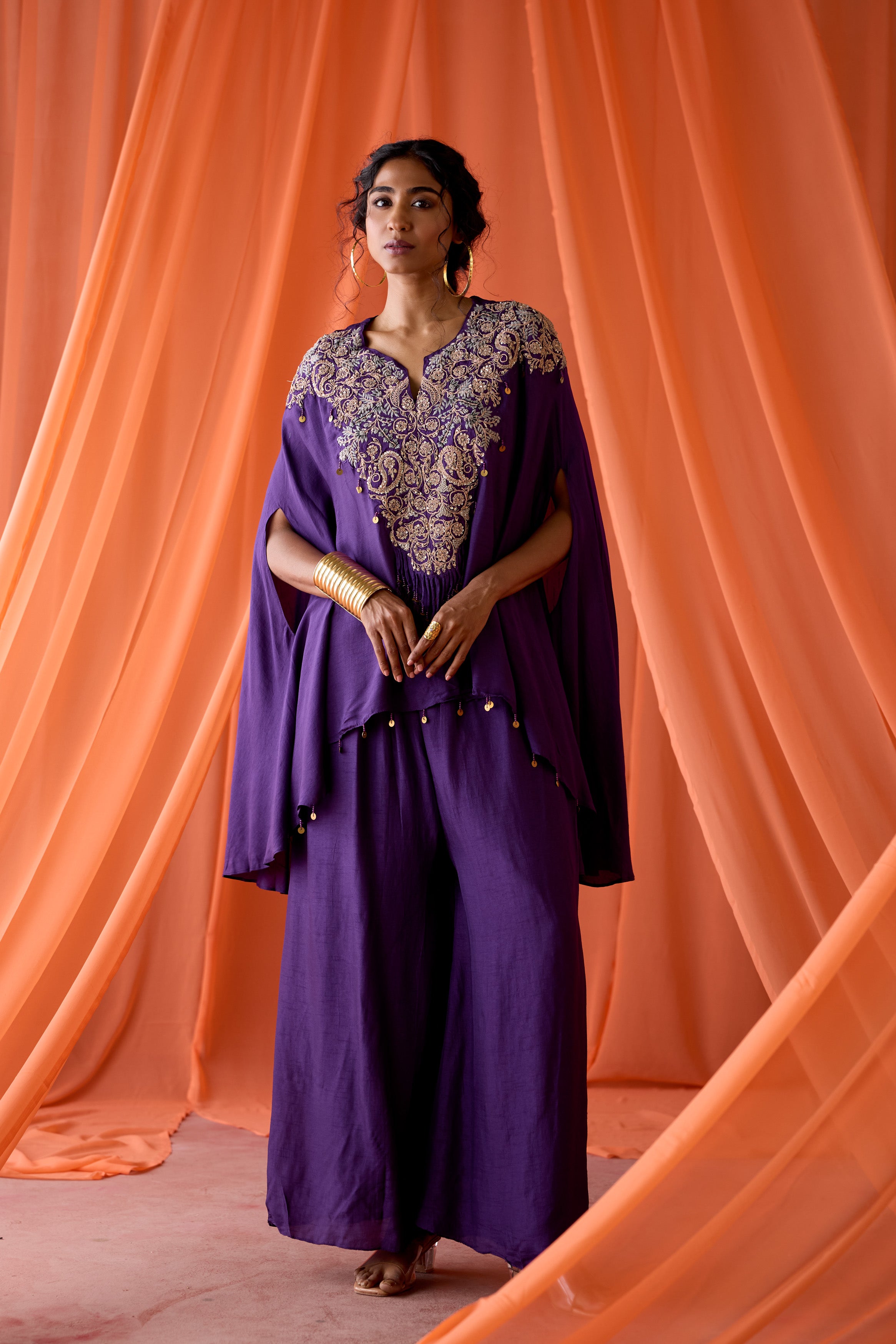Violet Purple Embellished Raw Silk Kaftan Set