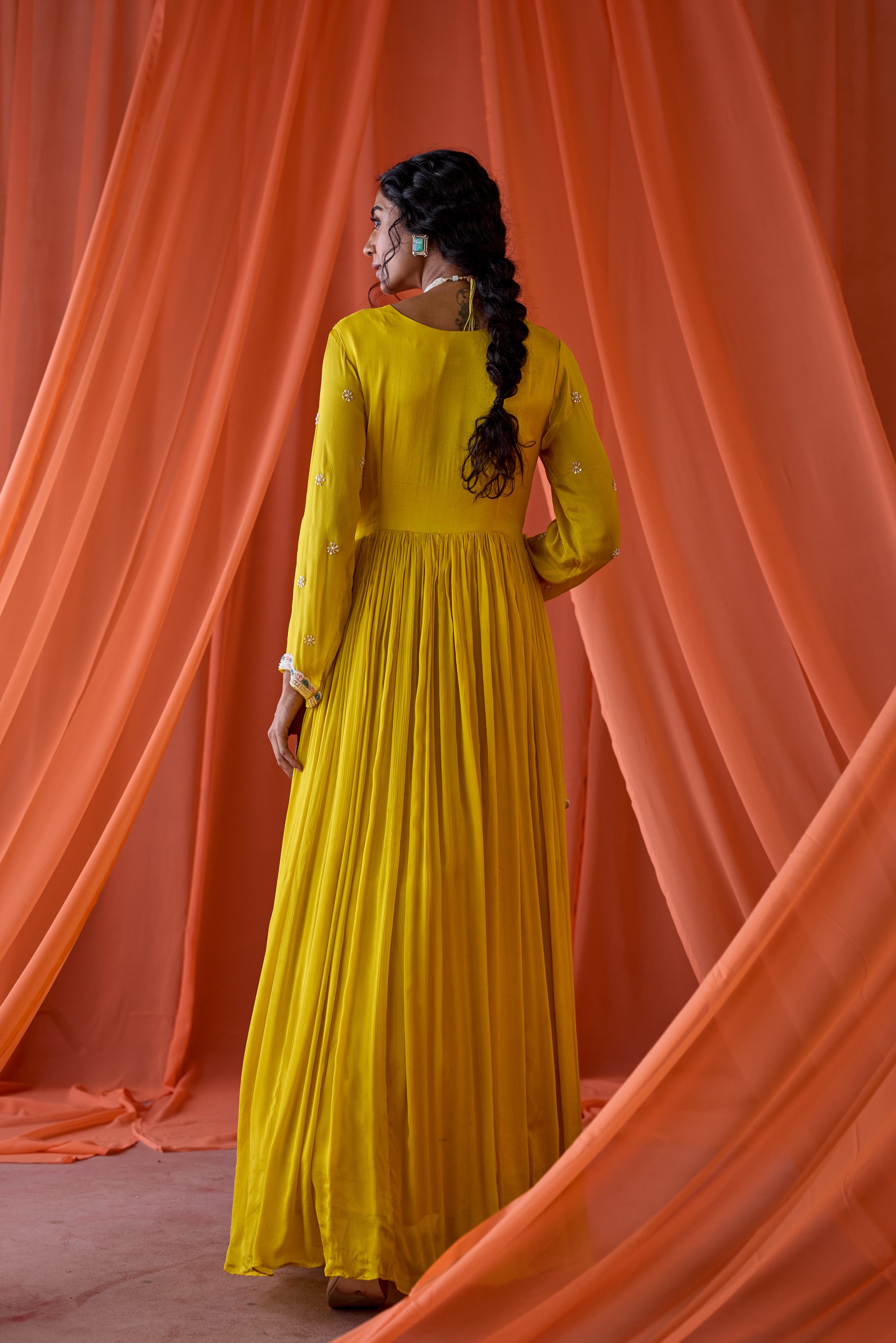 Marigold Yellow Embellished Chinon Silk Gown