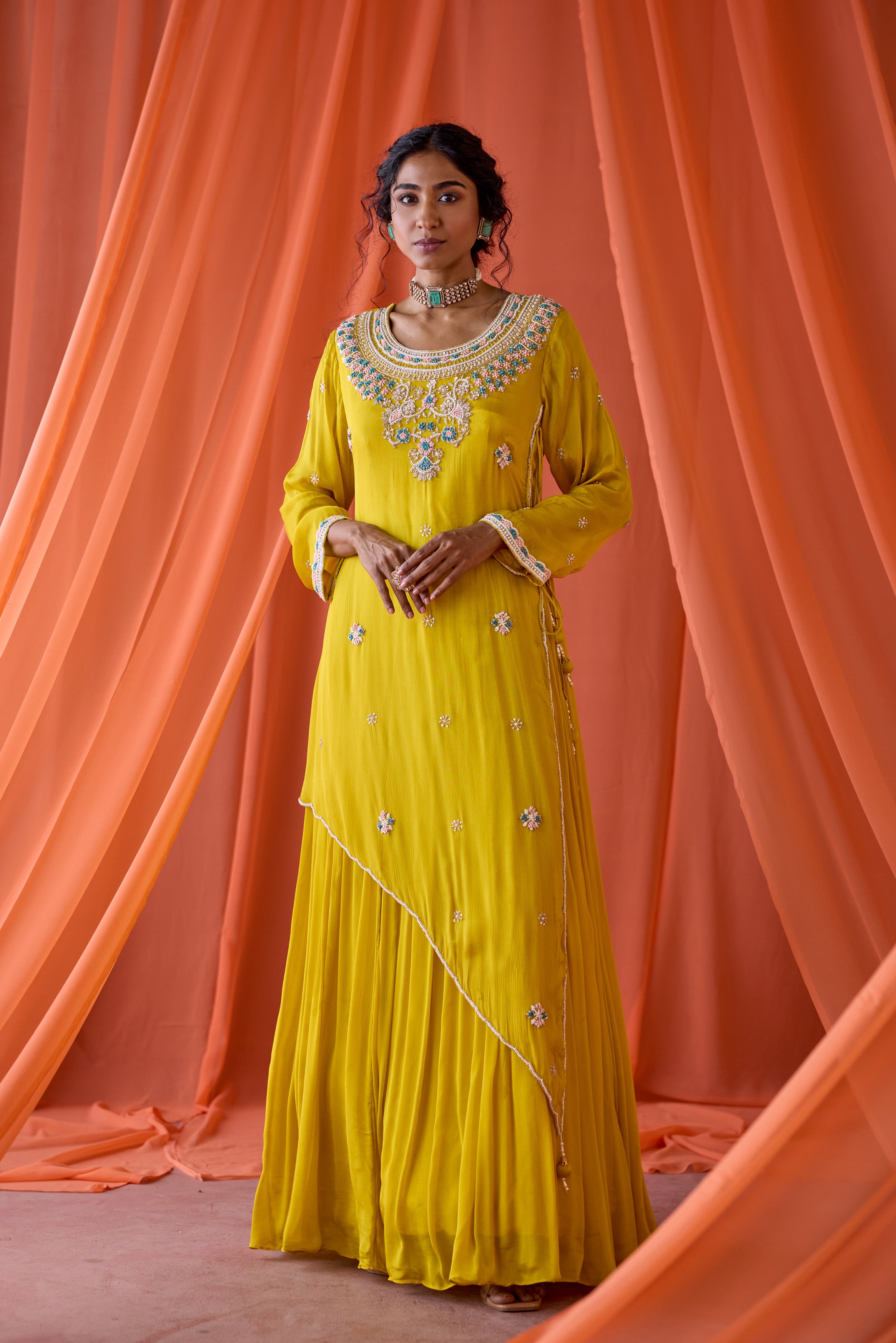 Marigold Yellow Embellished Chinon Silk Gown
