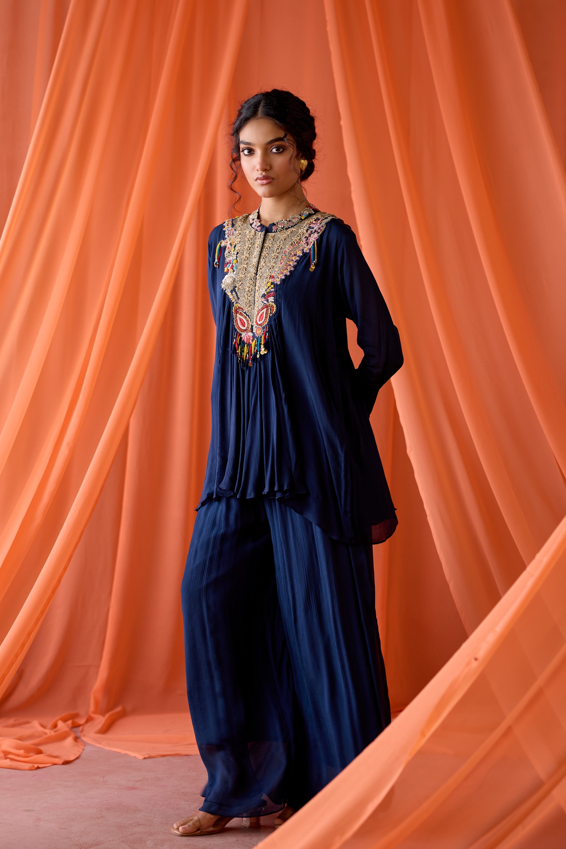 Navy Blue Embellished Chinon Silk Sharara Set