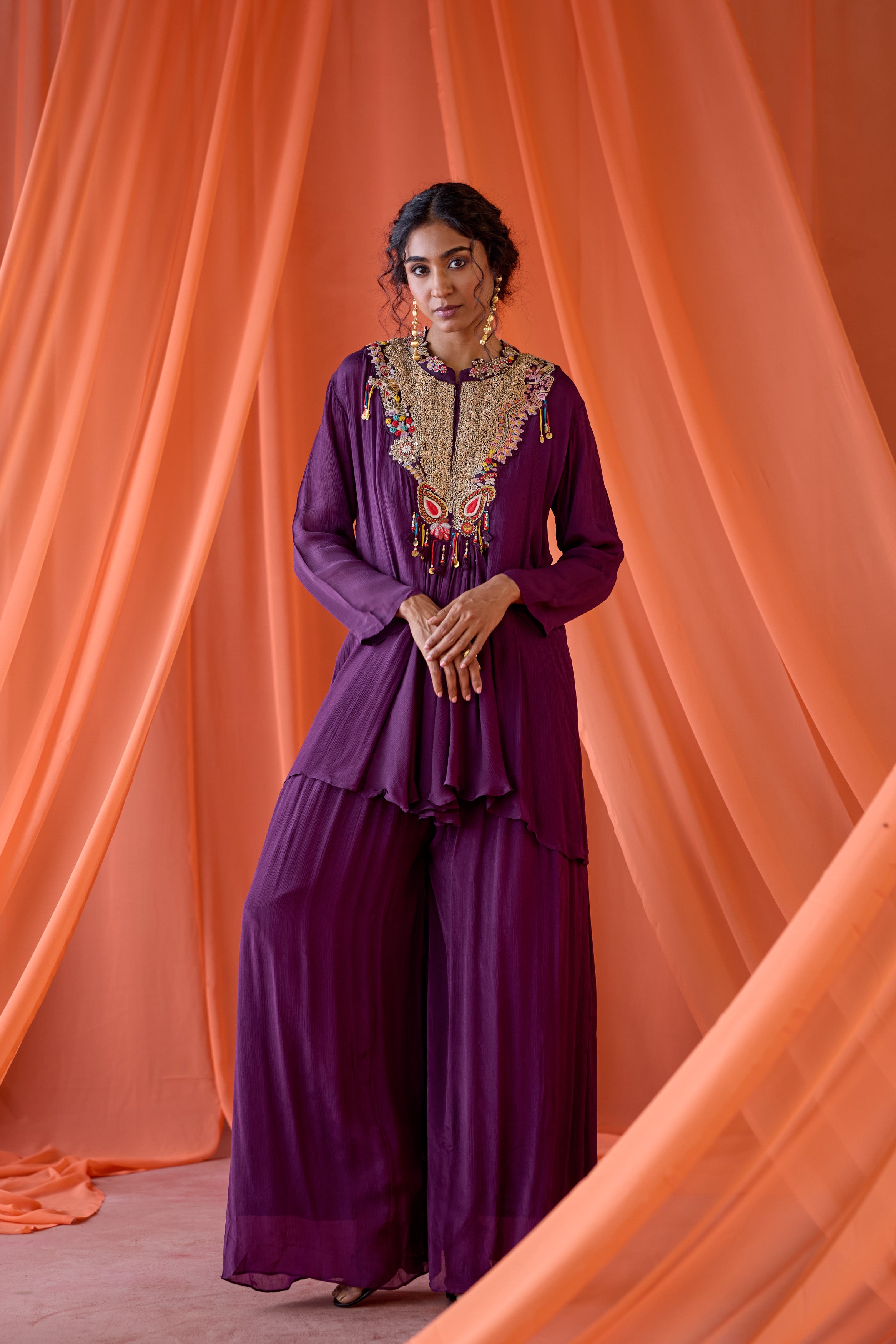 Royal Plum Embellished Chinon Silk Sharara Set