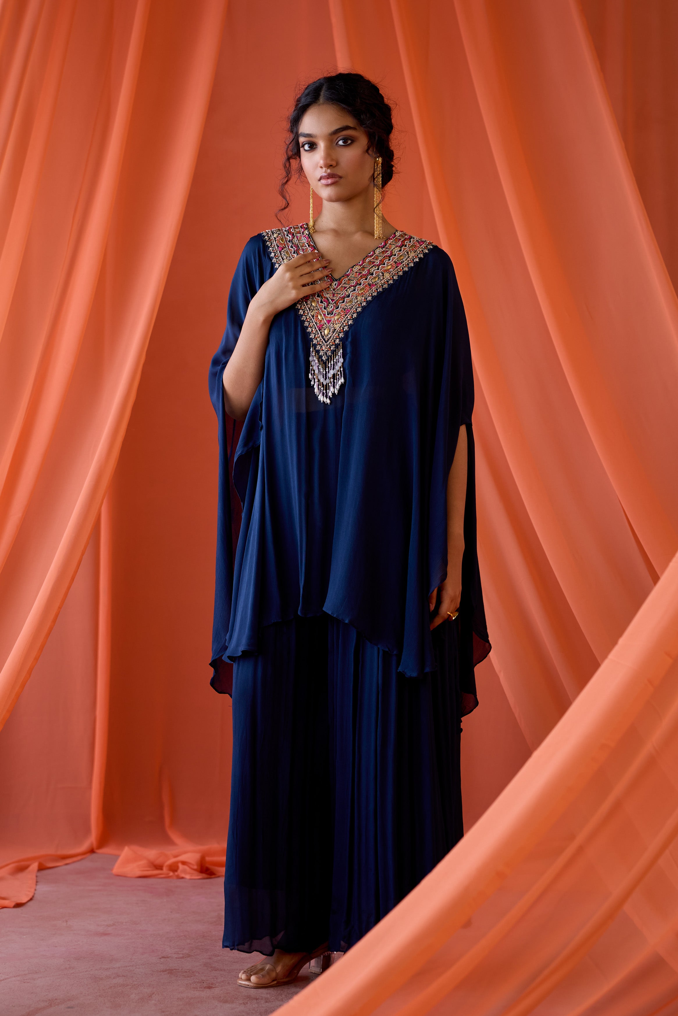 Midnight Blue Embellished Chinon Silk Kaftan Set