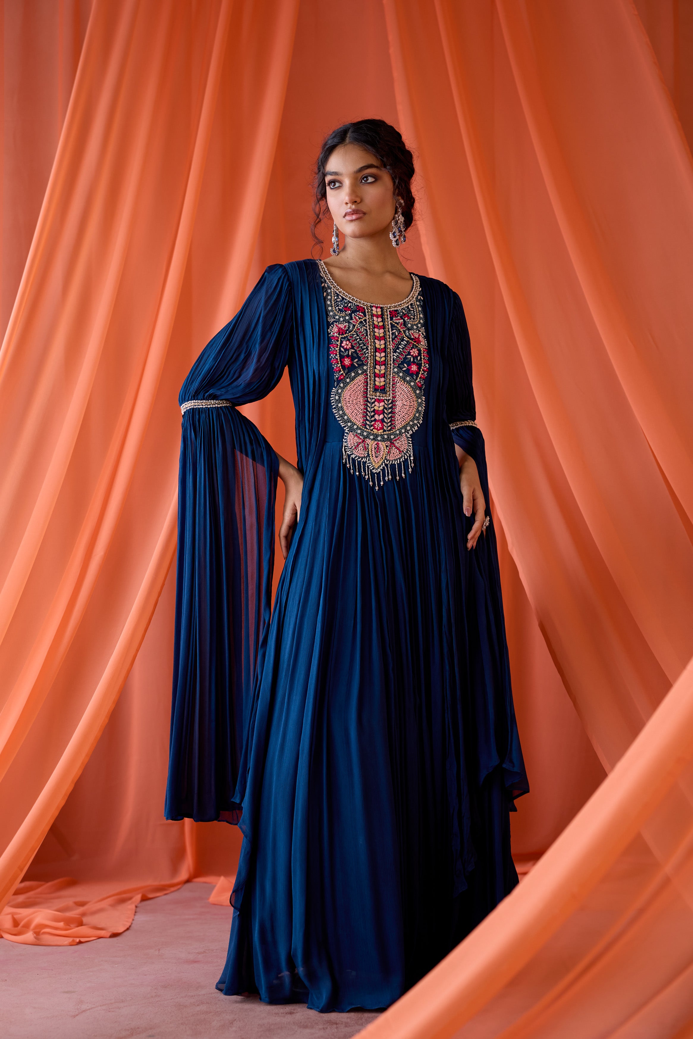 Deep Navy Blue Embellished Chinon Silk Gown