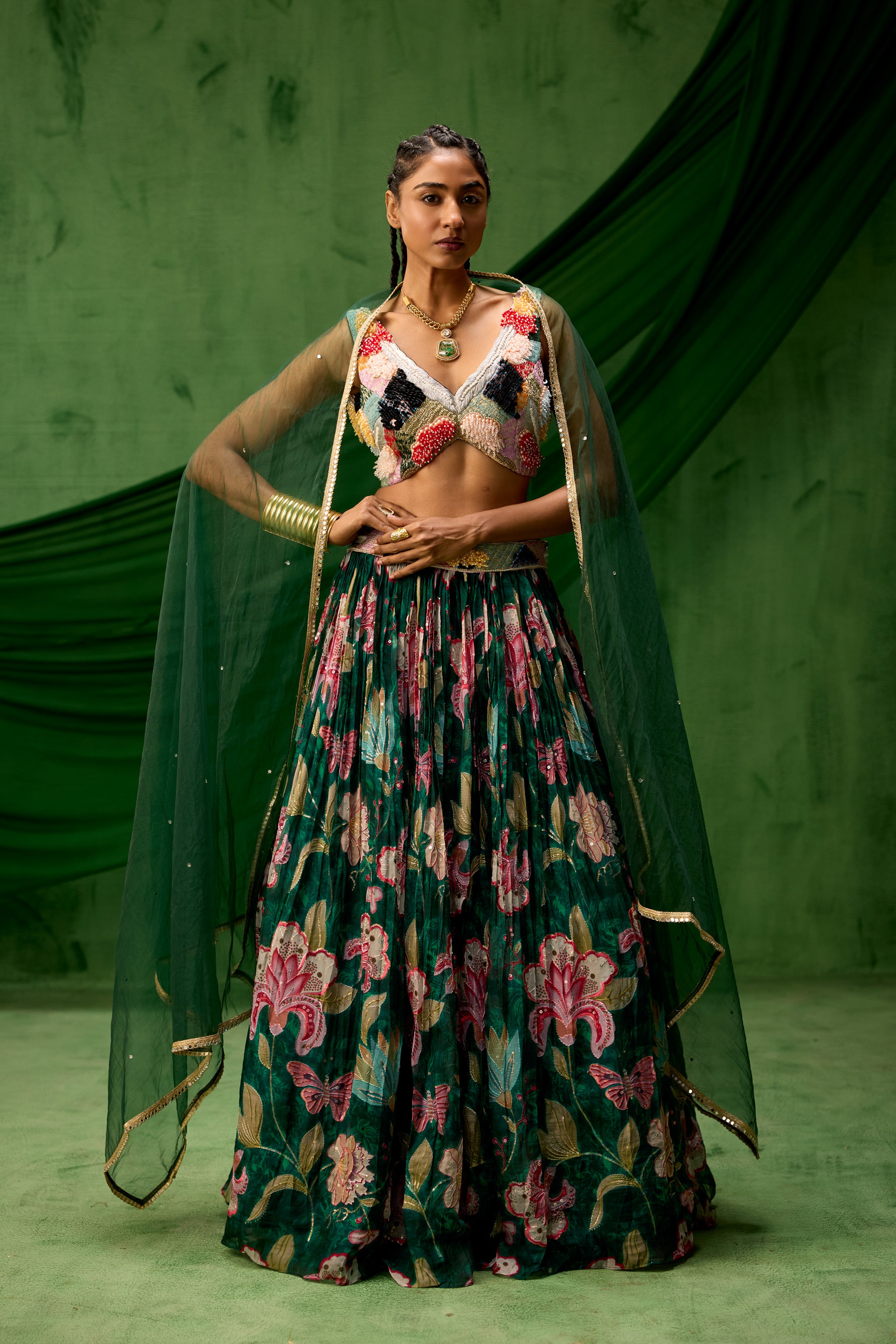 Emerald Green Embellished Soft Organza Silk Lehenga Set