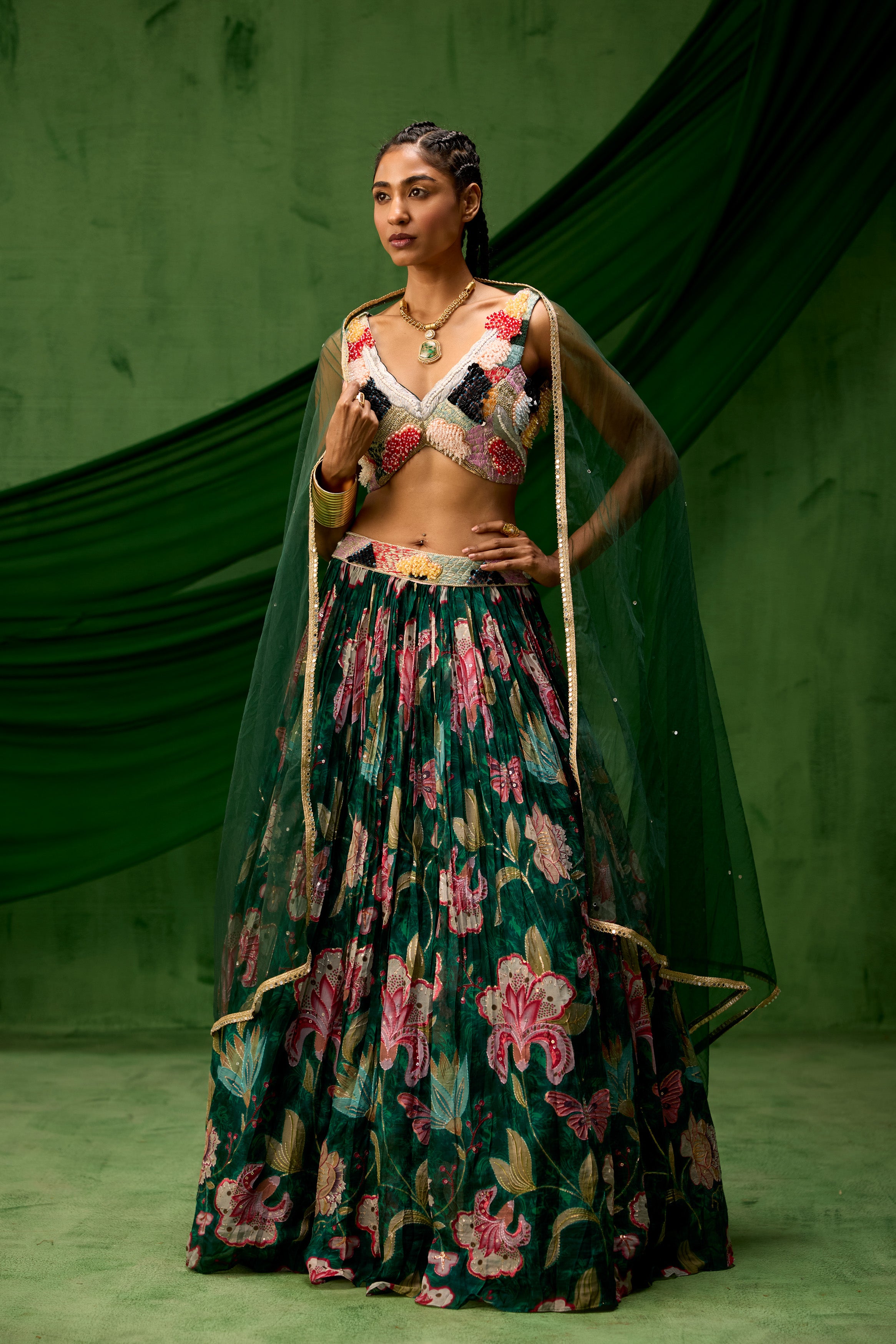 Emerald Green Embellished Soft Organza Silk Lehenga Set