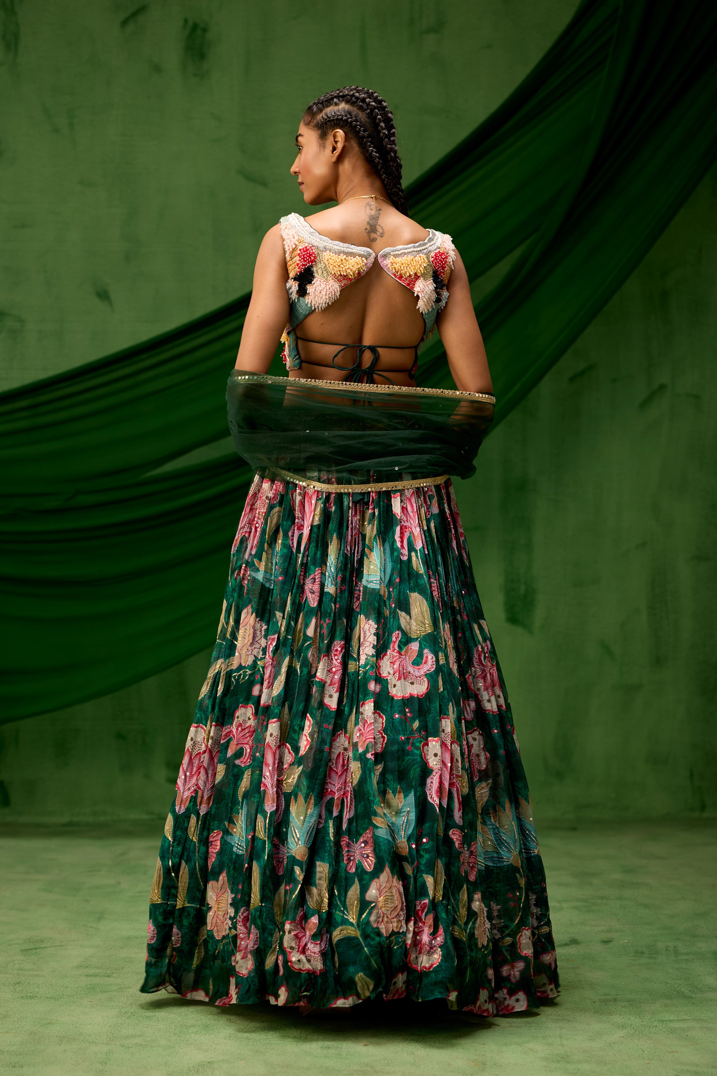 Emerald Green Embellished Soft Organza Silk Lehenga Set