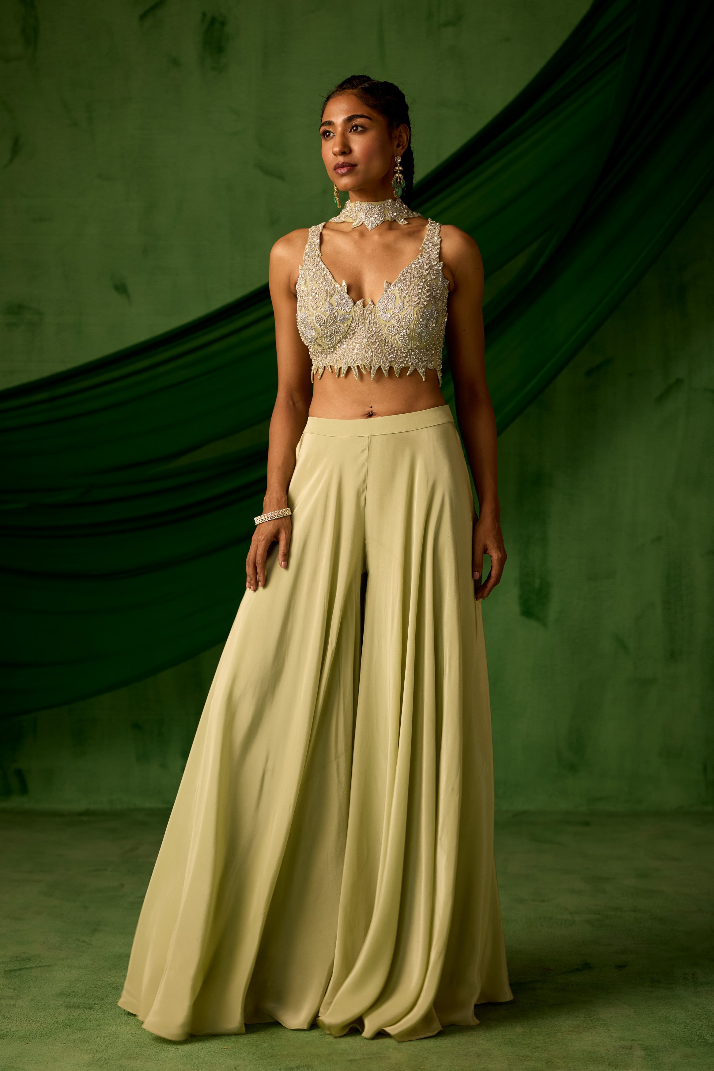 Soft Green Embellished Satin Silk Palazzo Set