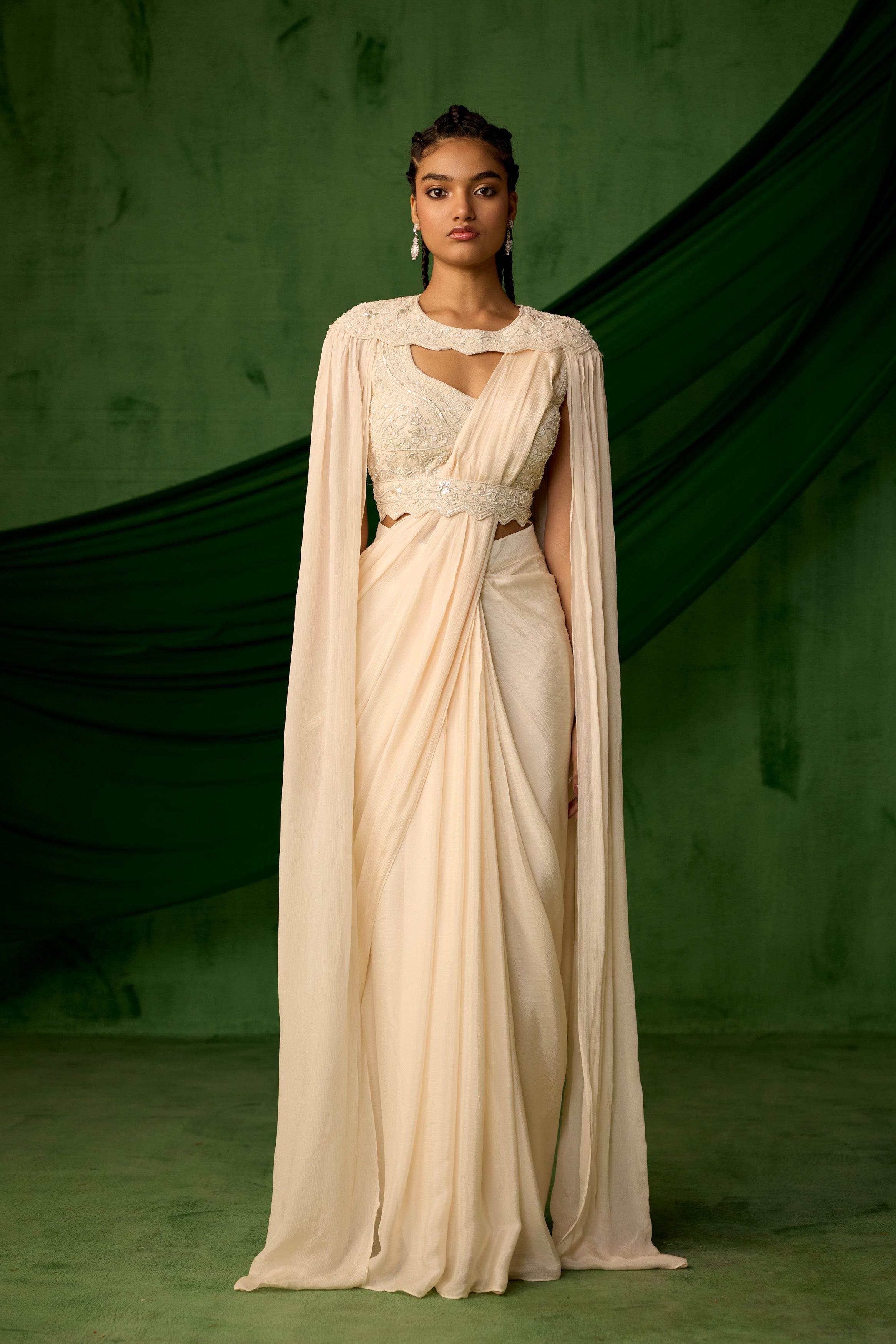 Off White Embellished Chinon Silk Drape saree