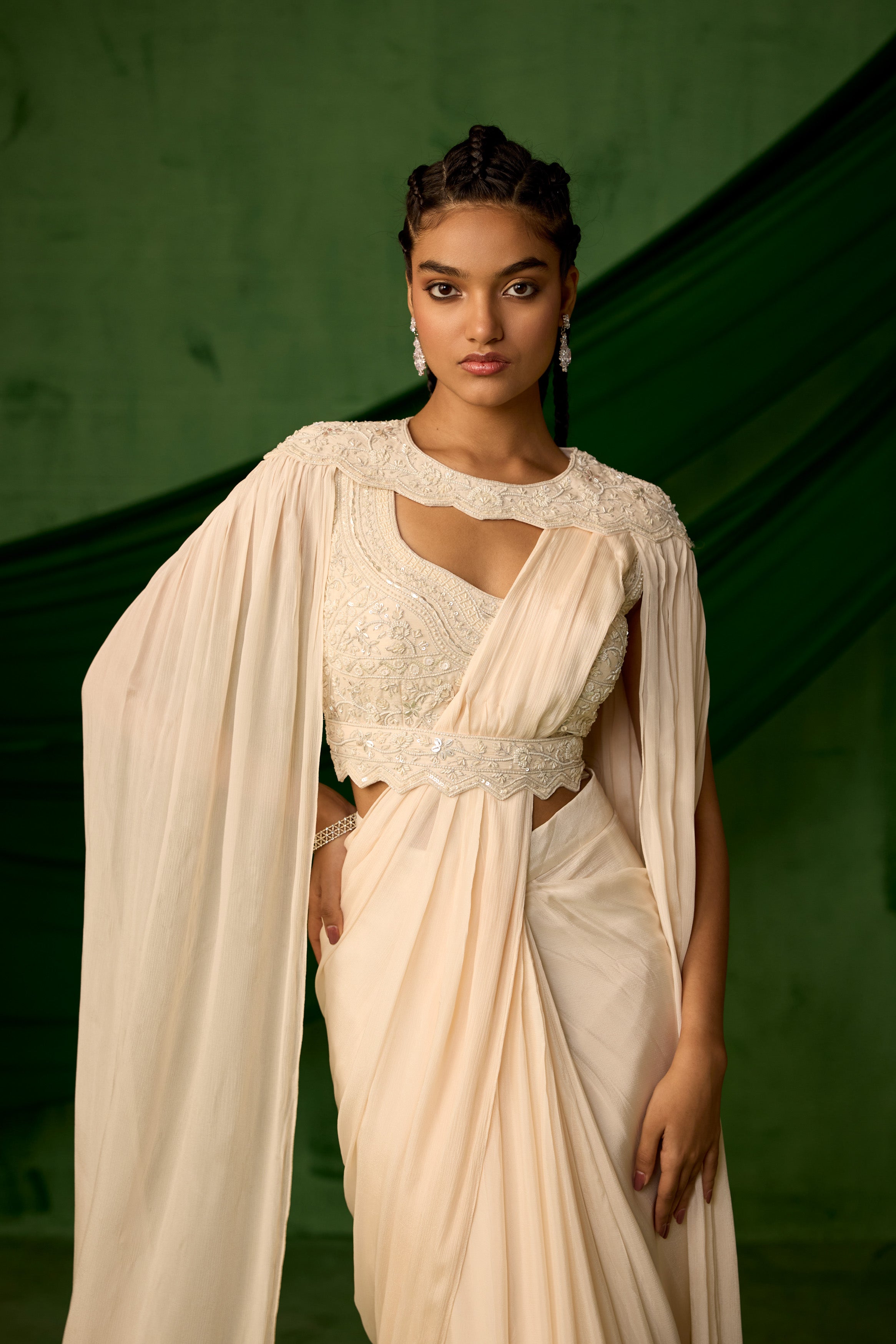 Off White Embellished Chinon Silk Drape saree