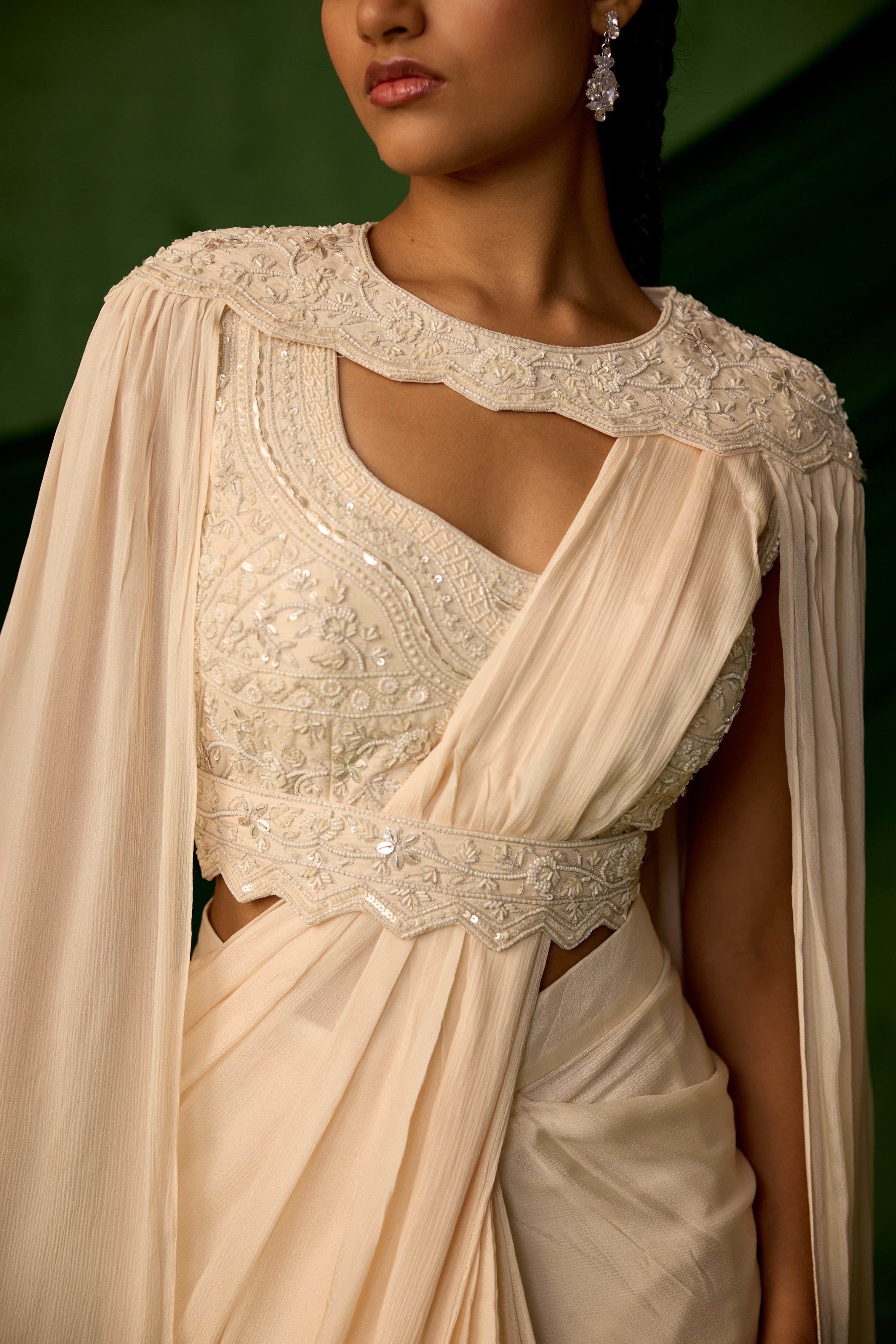 Off White Embellished Chinon Silk Drape saree