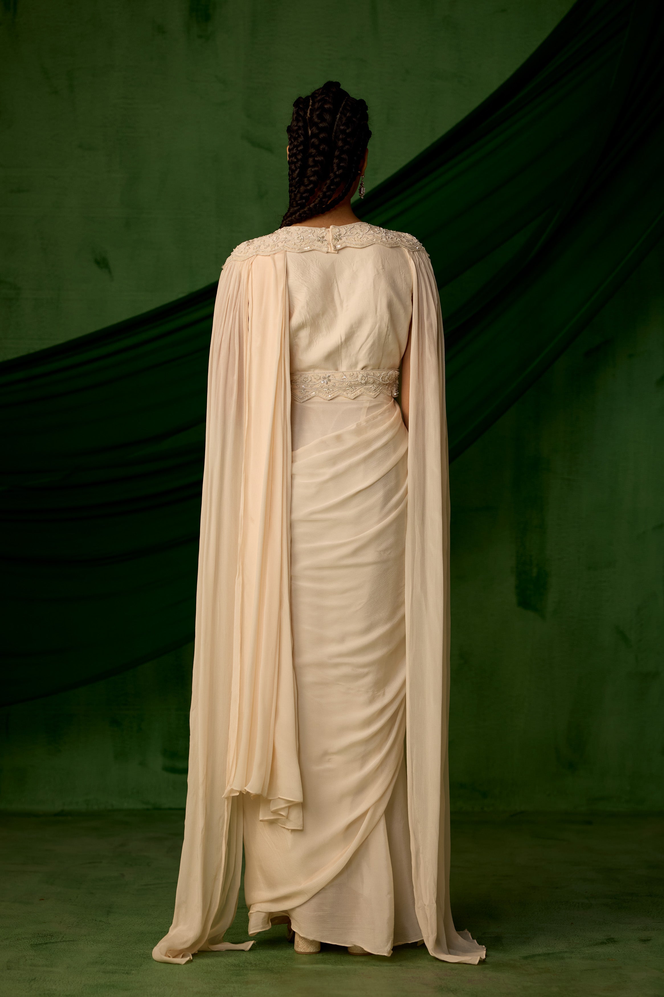 Off White Embellished Chinon Silk Drape saree