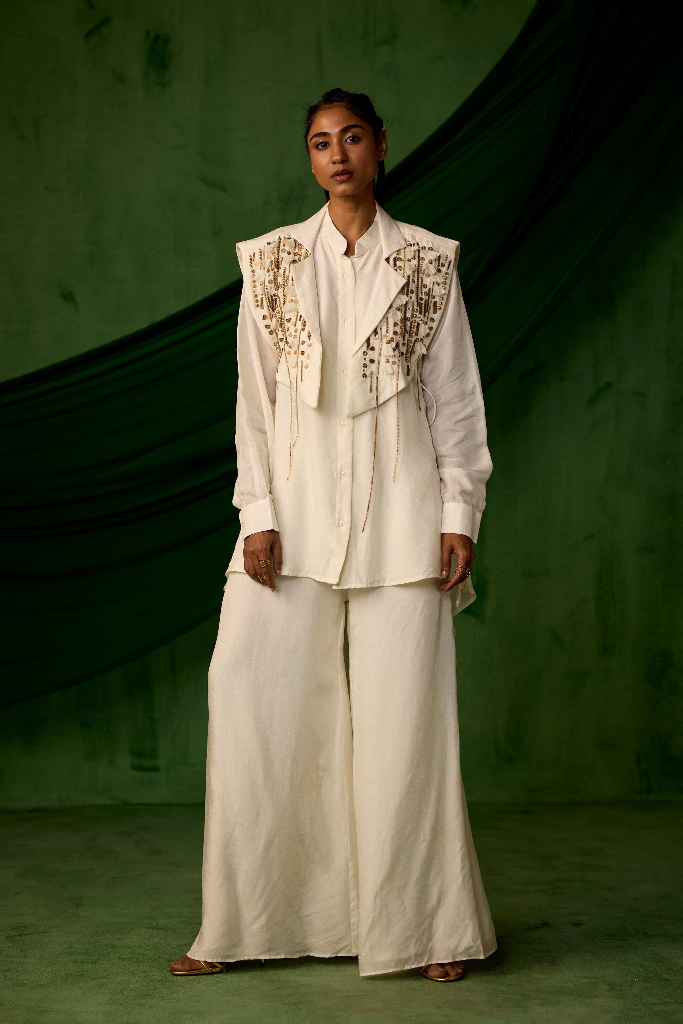 Classic White Embellished Chinon Silk Co-Ord Set
