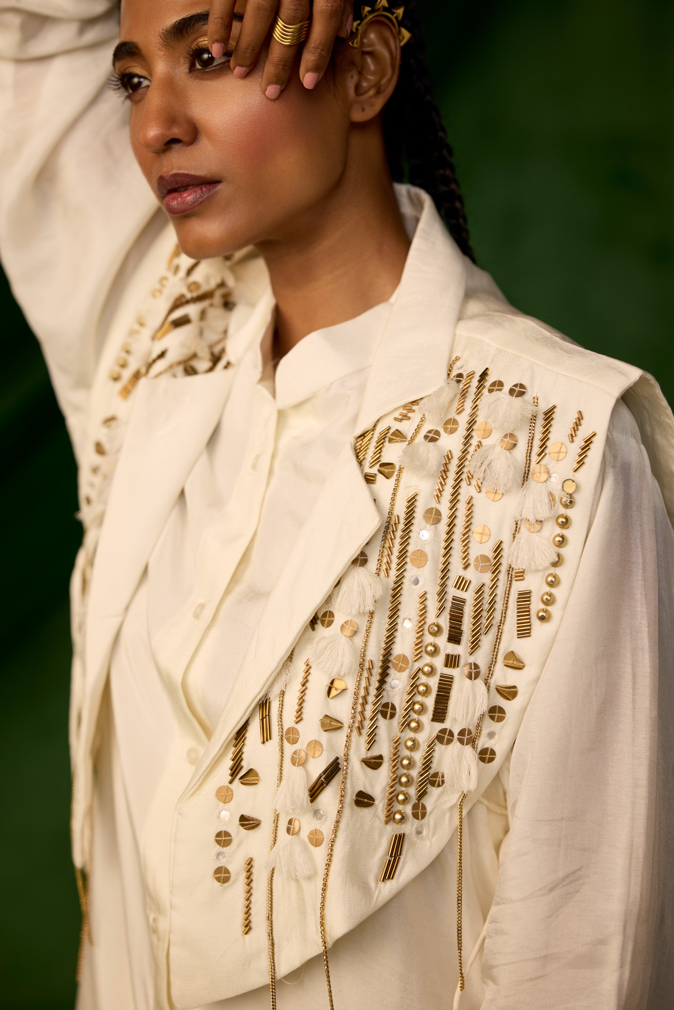 Classic White Embellished Chinon Silk Co-Ord Set