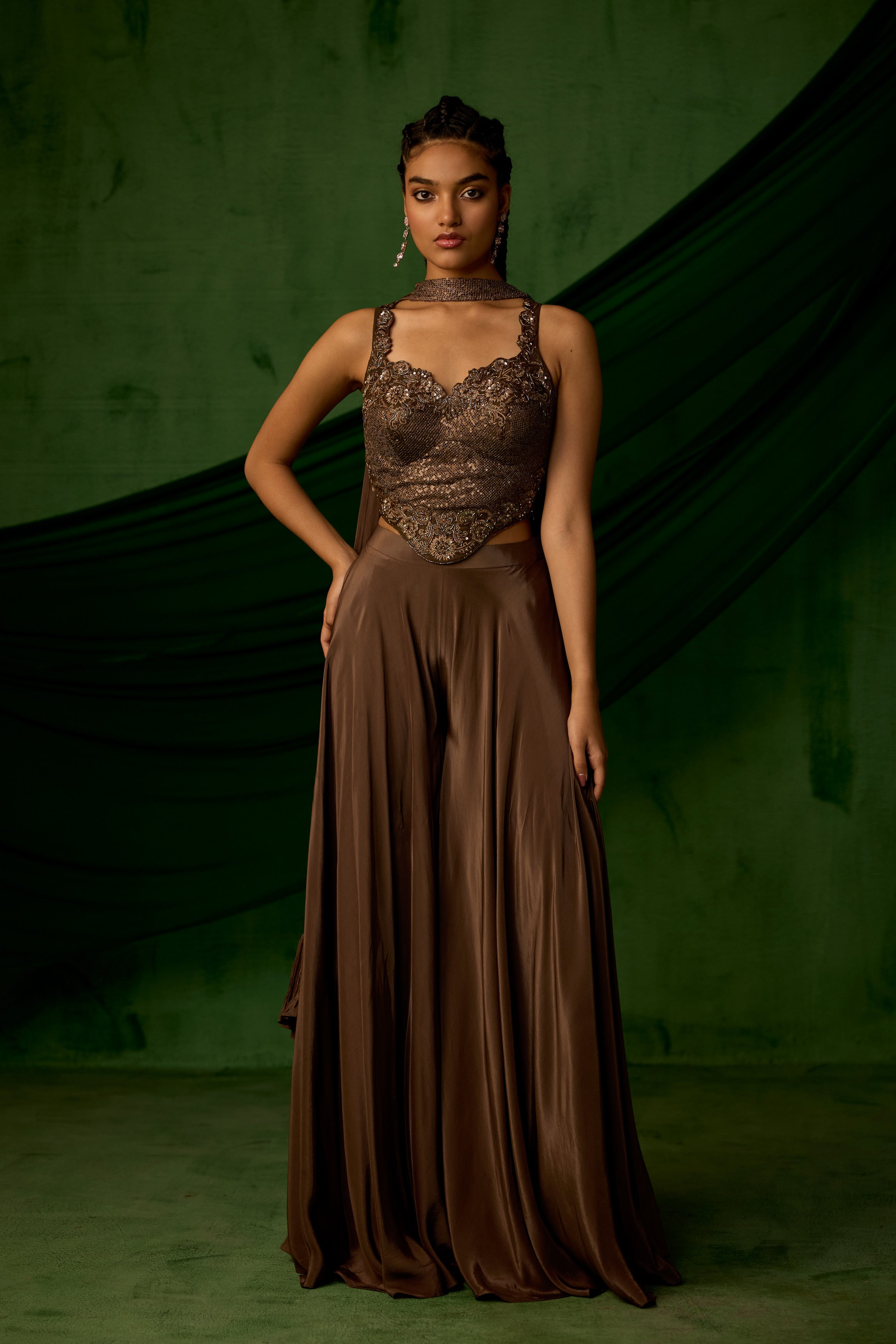 Copper Brown Embellished Satin Silk Sharara Set
