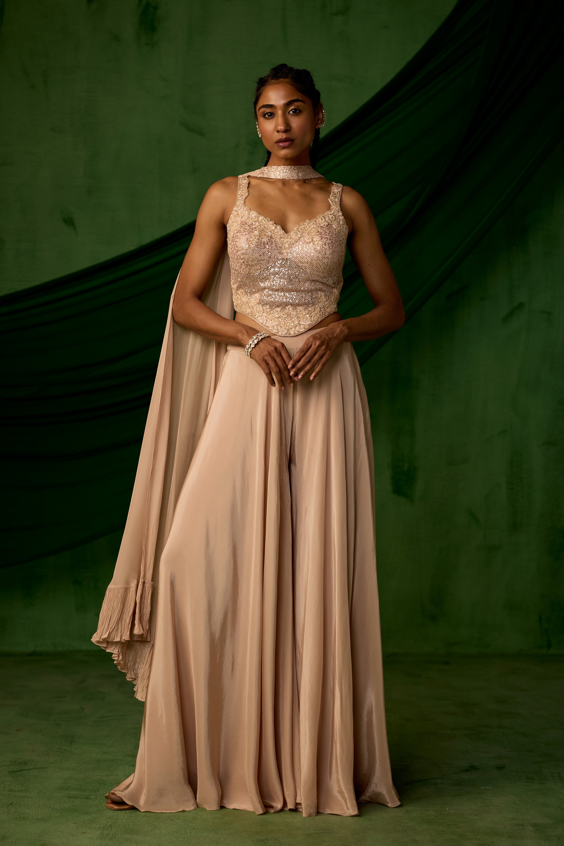 Nude Beige Embellished Satin Silk Sharara Set
