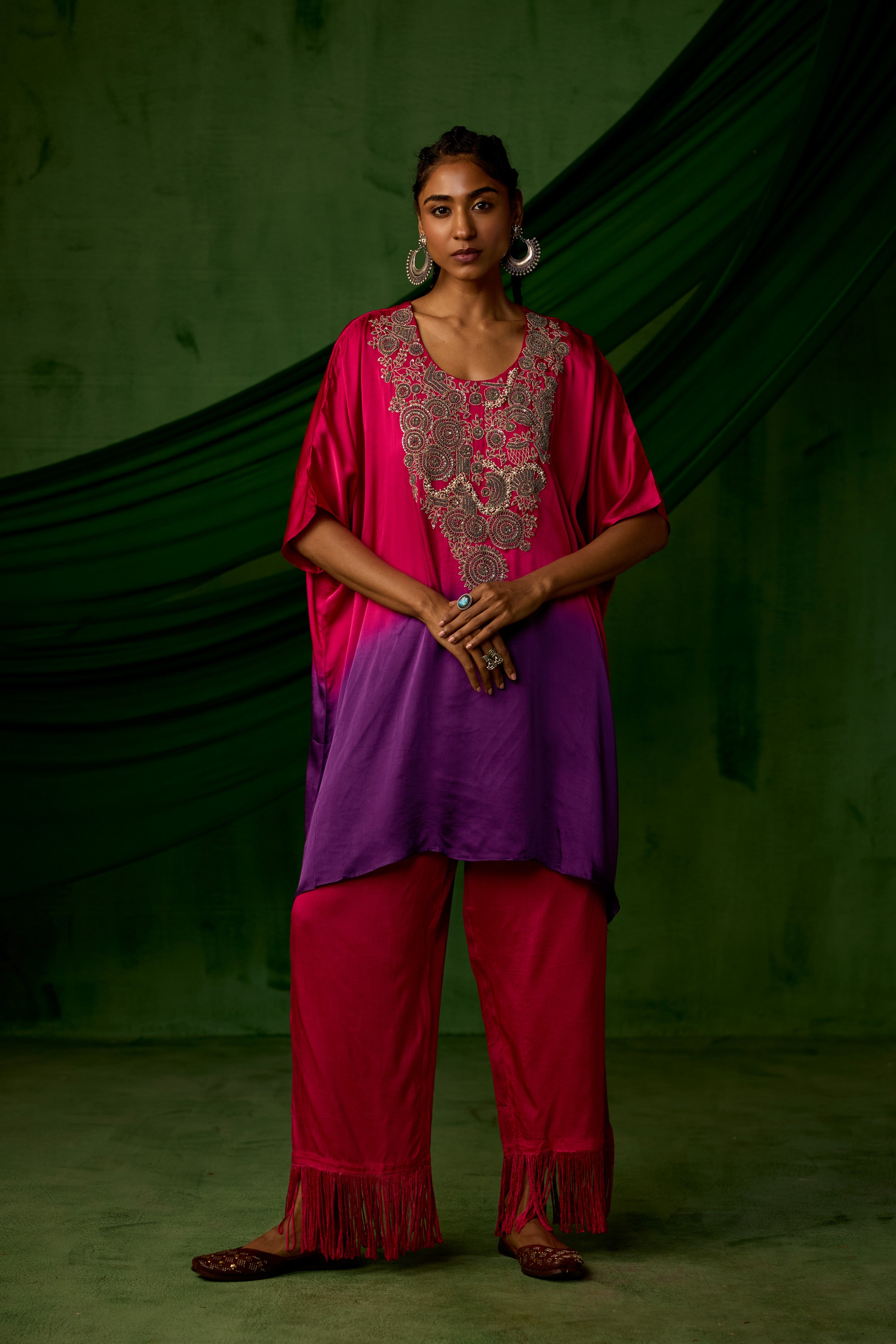 Pink Embellished Satin Silk Kaftan Set