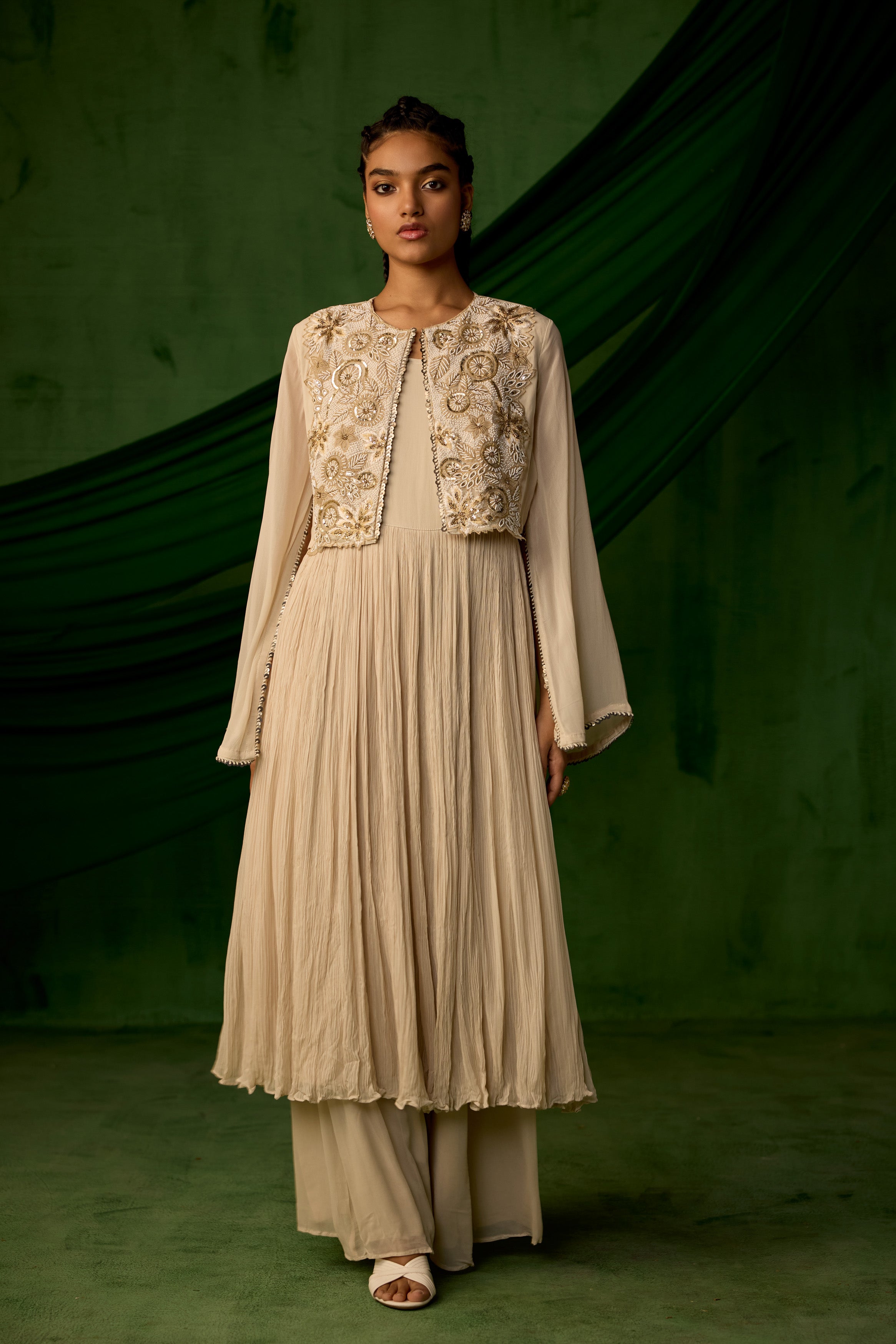 Beige Embellished Georgette Silk Sharara Set