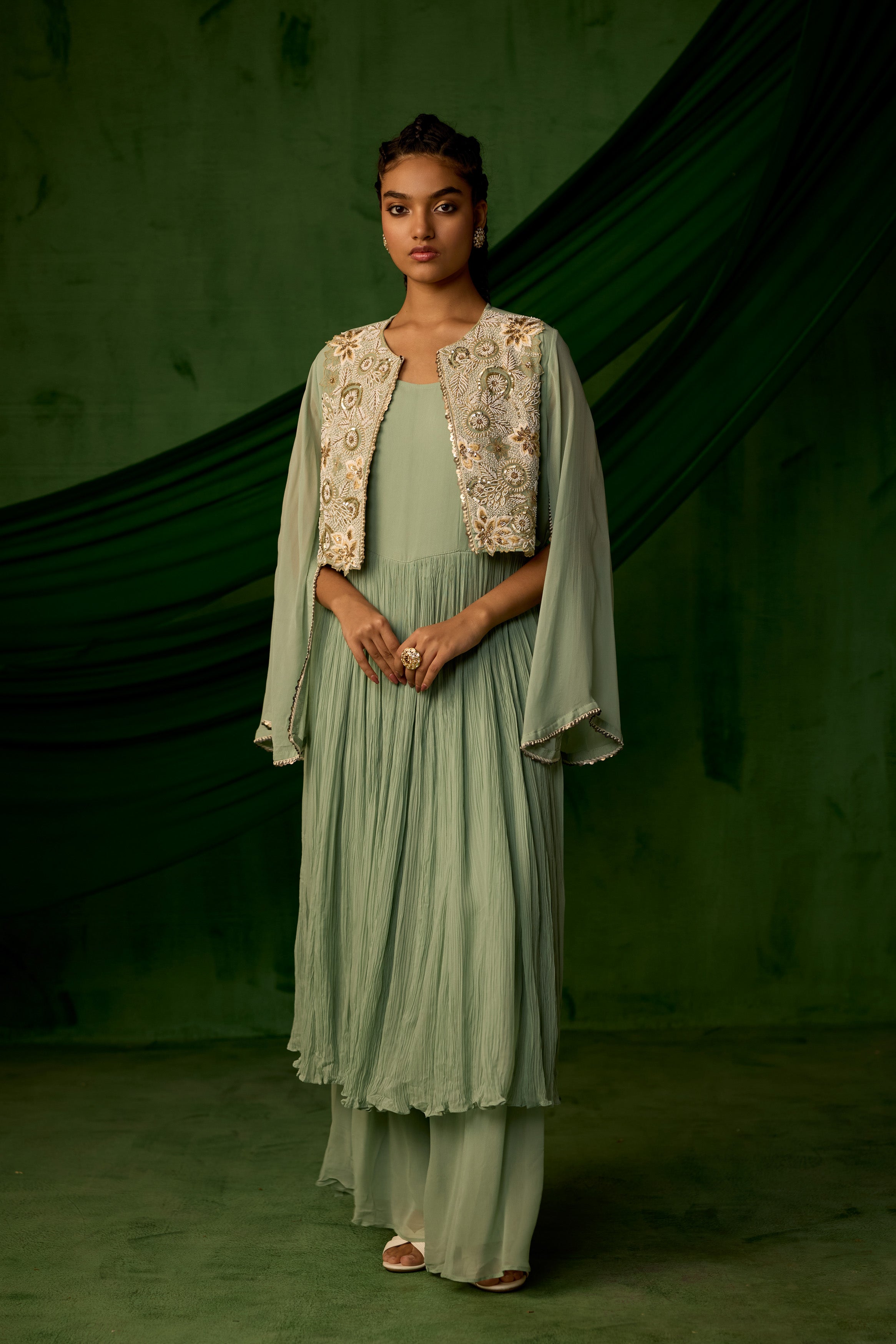 Green Embellished Georgette Silk Sharara Set