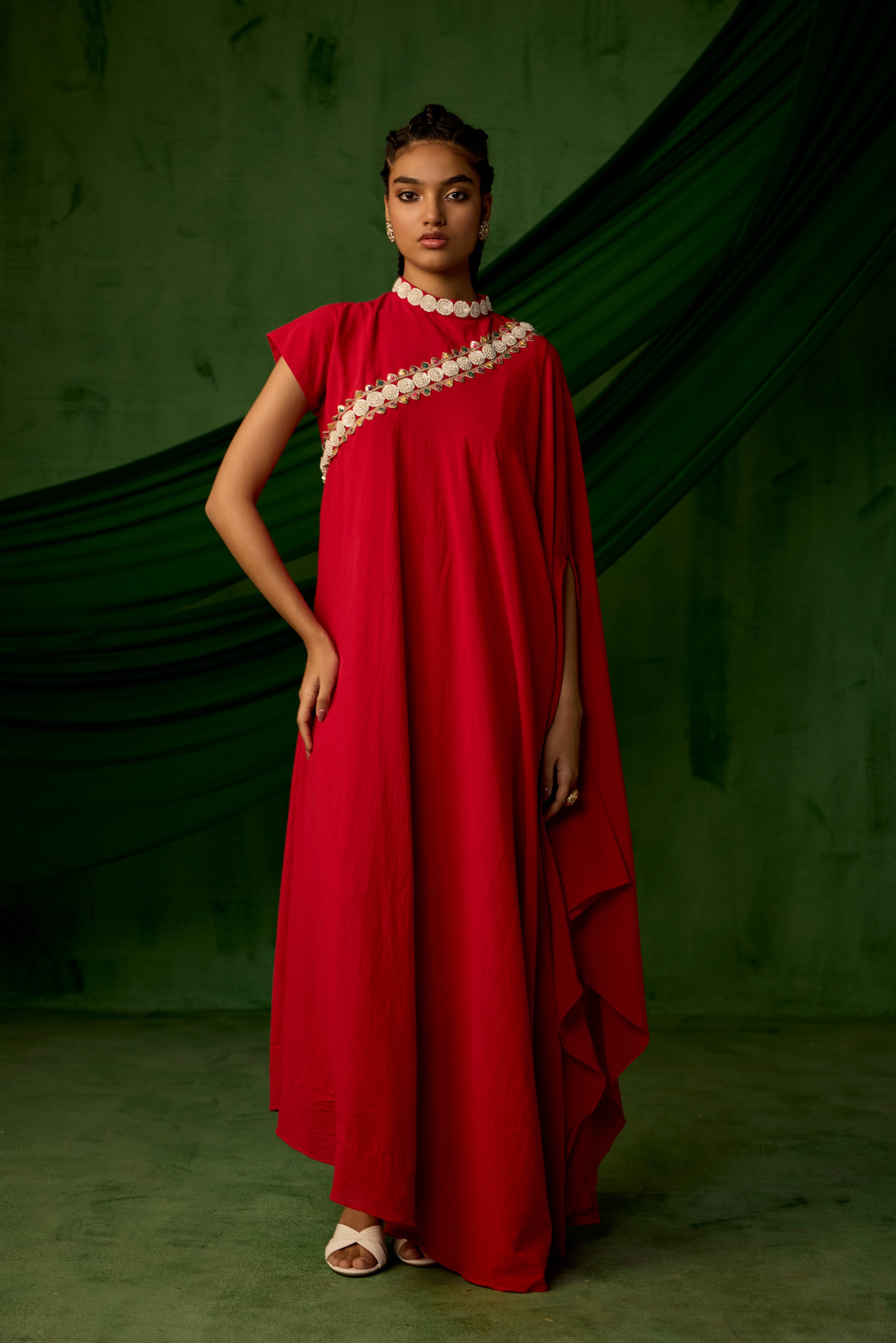 Bright Red Embellished Premium Silk Gown