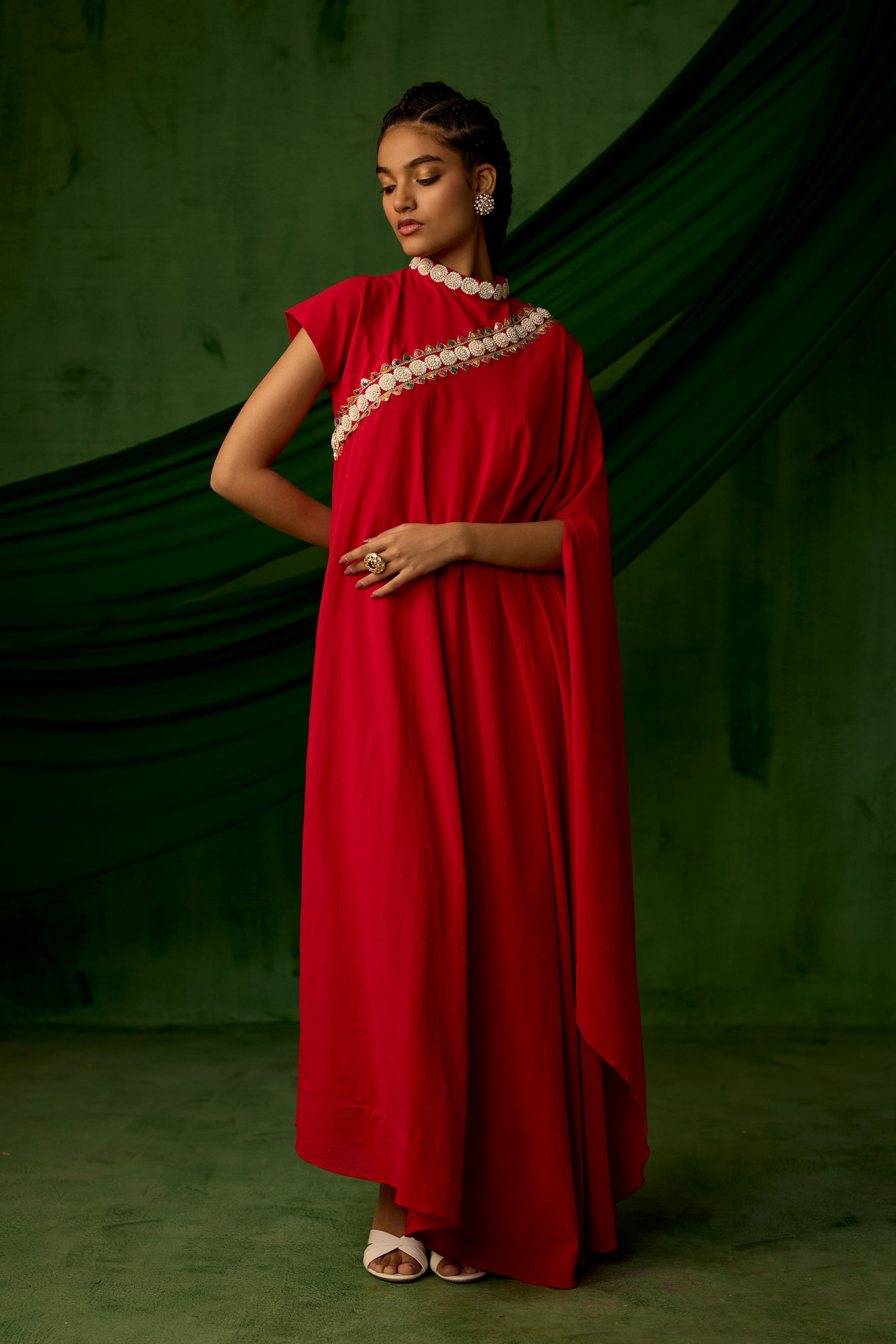 Bright Red Embellished Premium Silk Gown