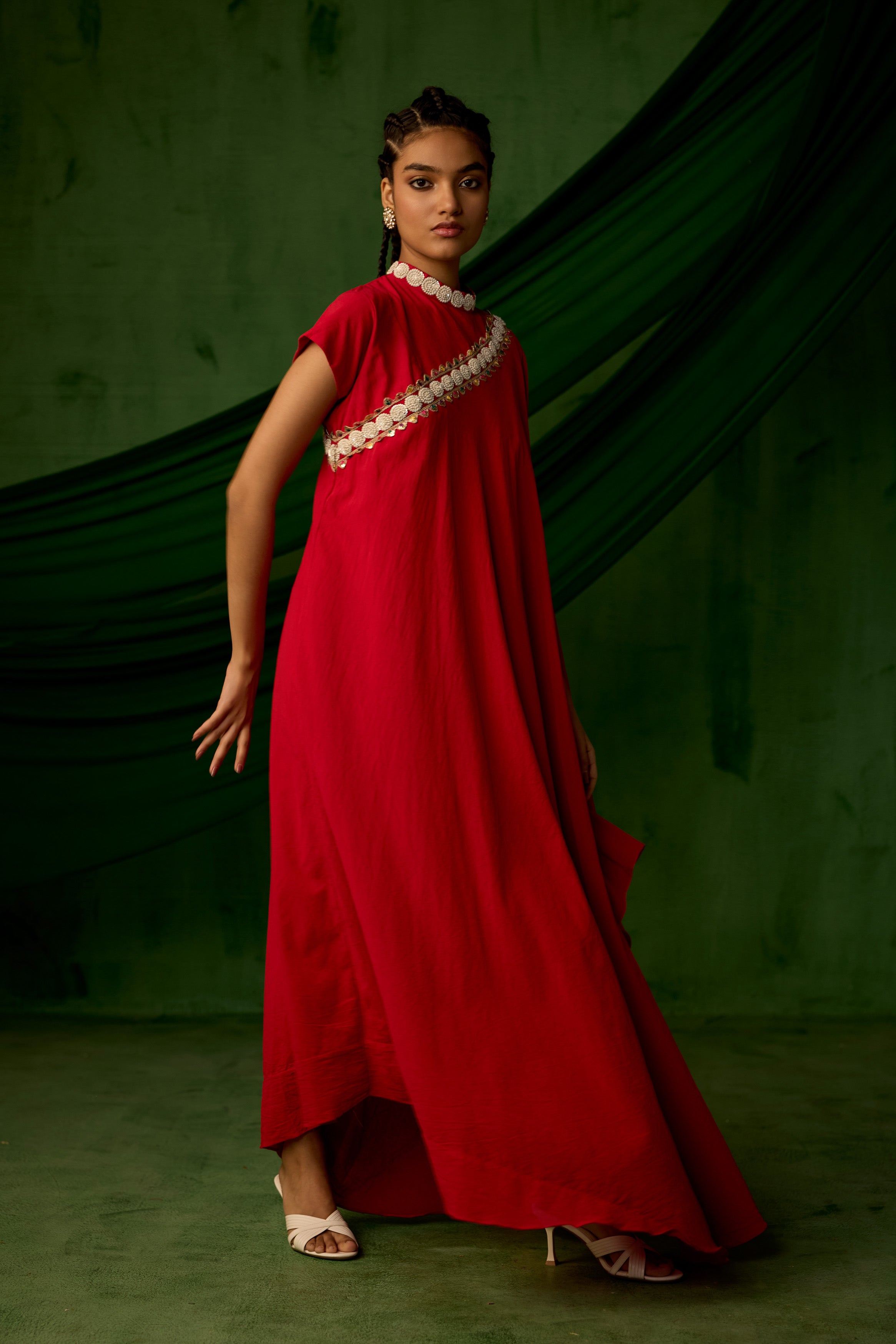 Bright Red Embellished Premium Silk Gown