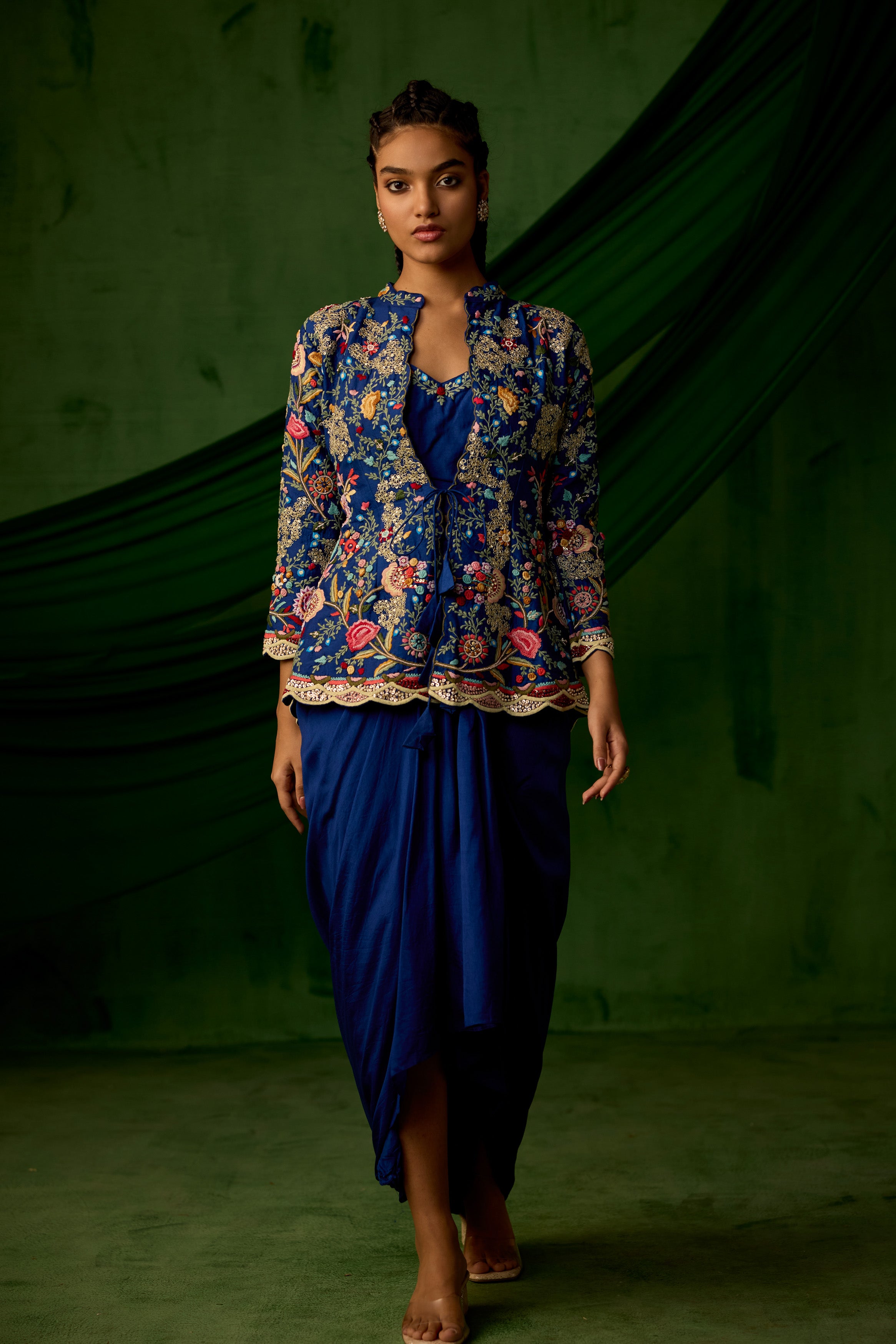 Cobalt Blue Embellished Raw Silk Skirt Set