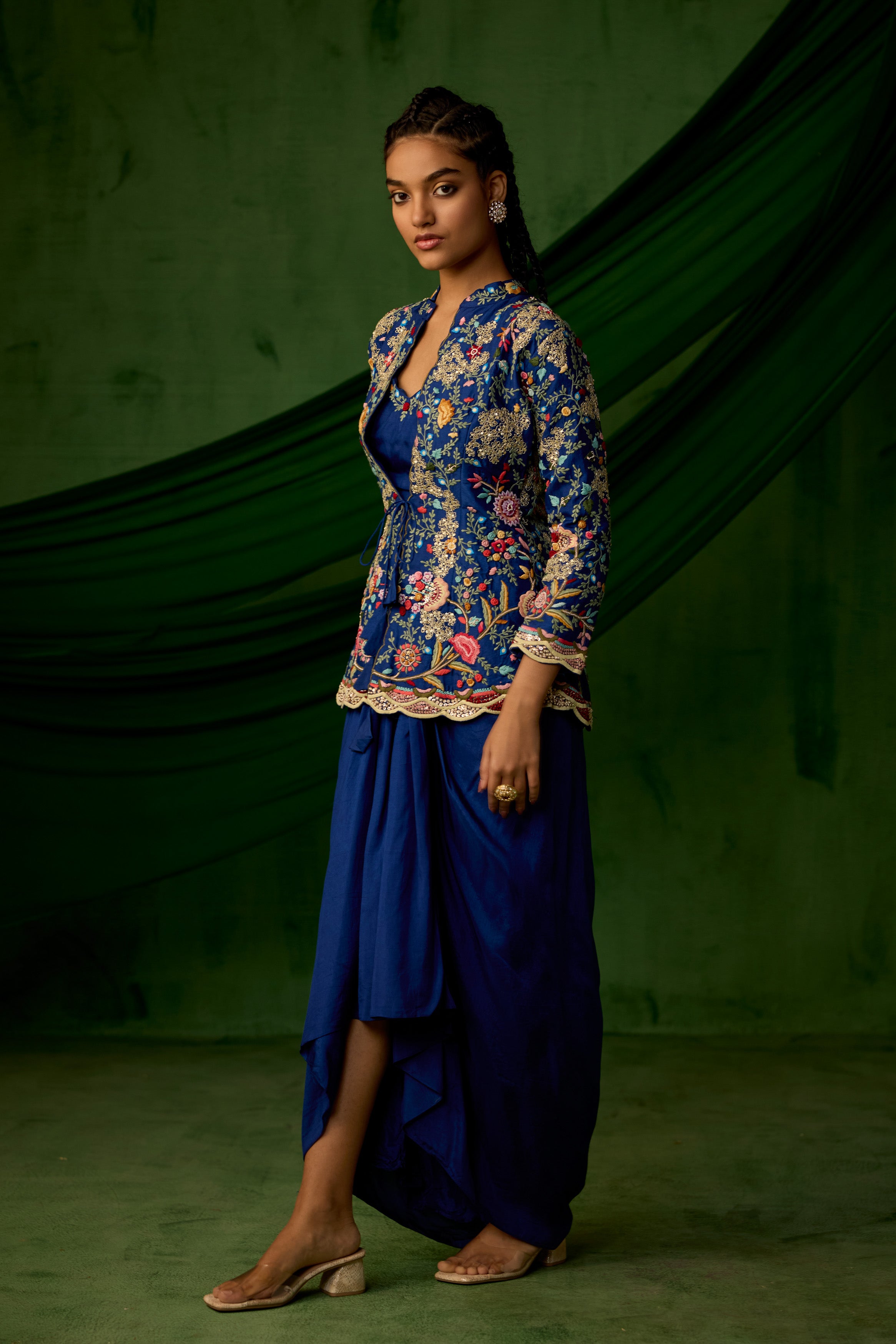 Cobalt Blue Embellished Raw Silk Skirt Set
