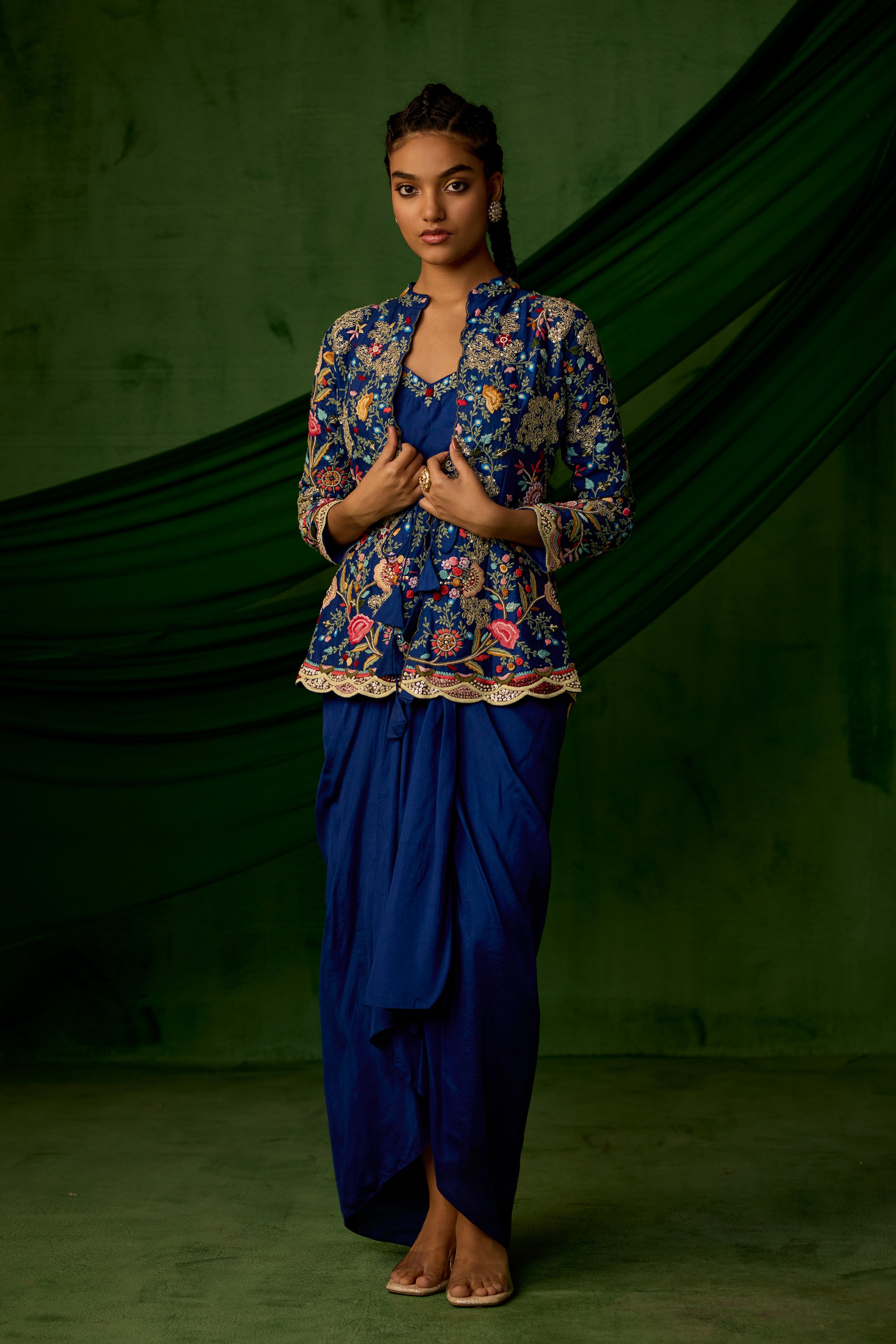 Cobalt Blue Embellished Raw Silk Skirt Set