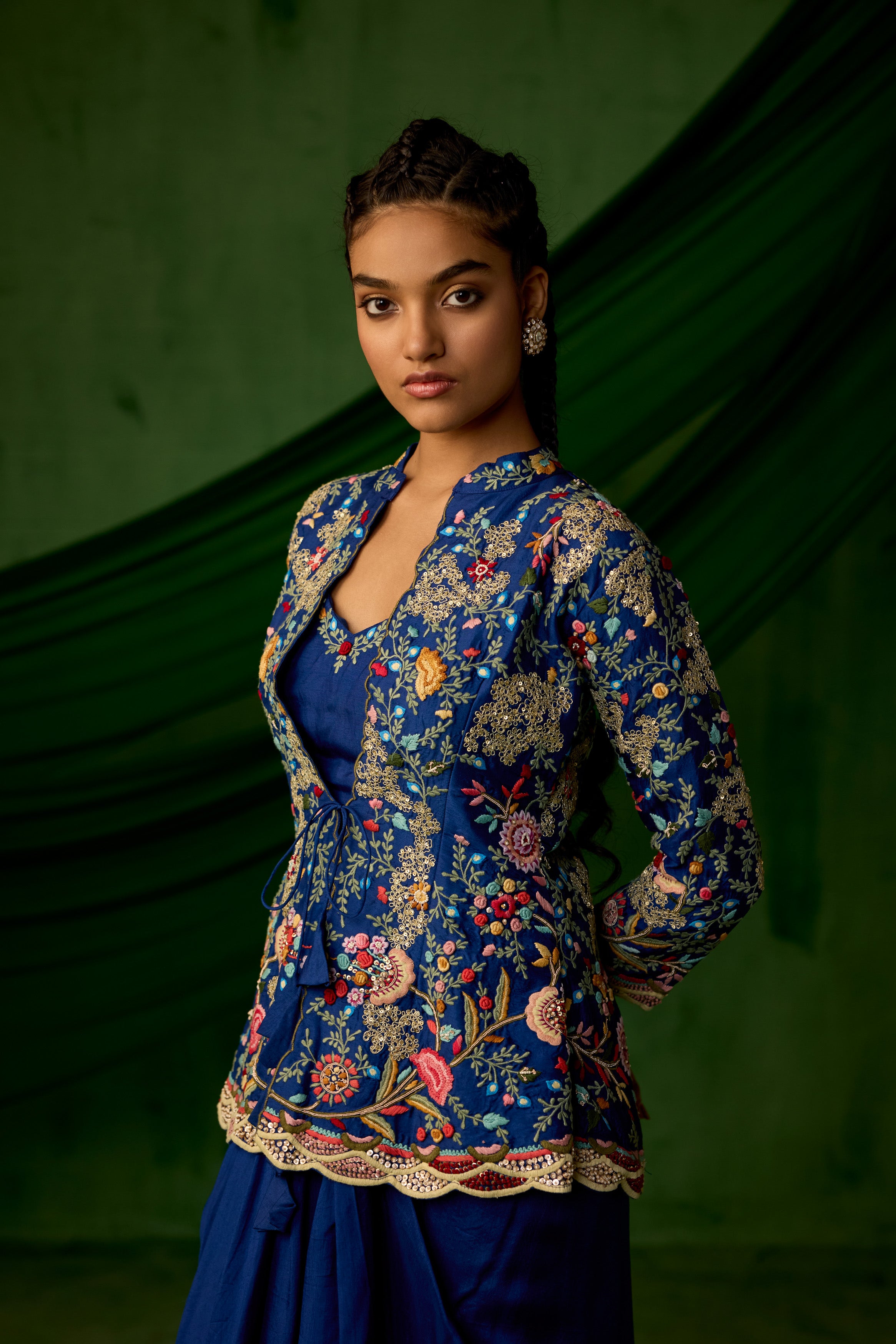 Cobalt Blue Embellished Raw Silk Skirt Set