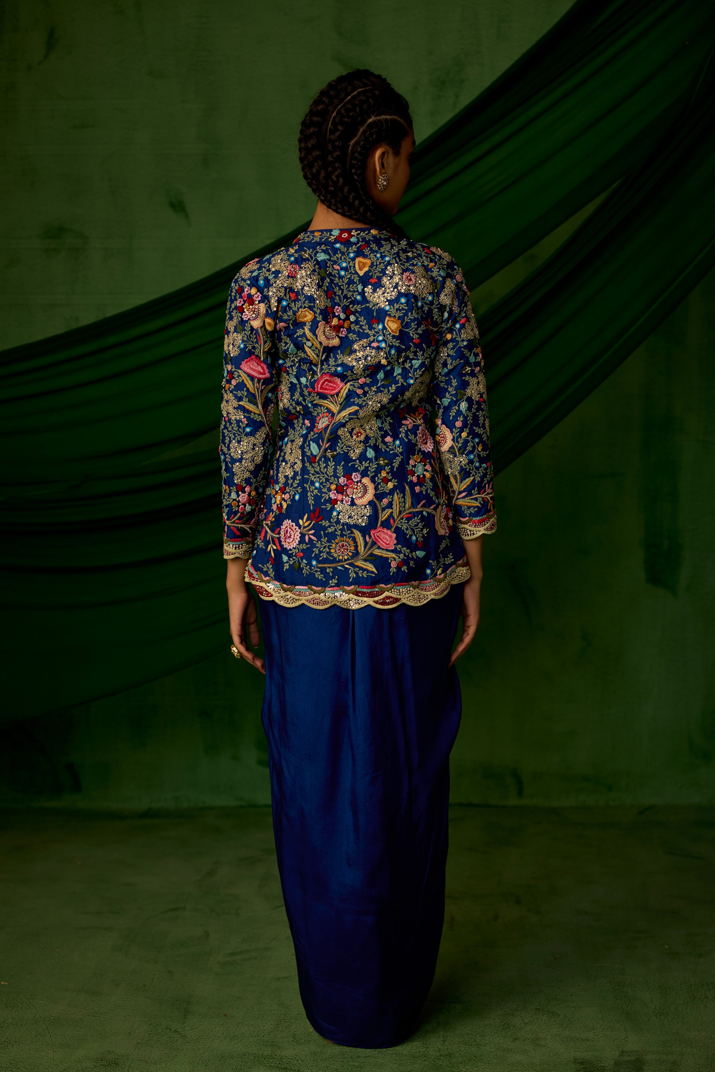 Cobalt Blue Embellished Raw Silk Skirt Set