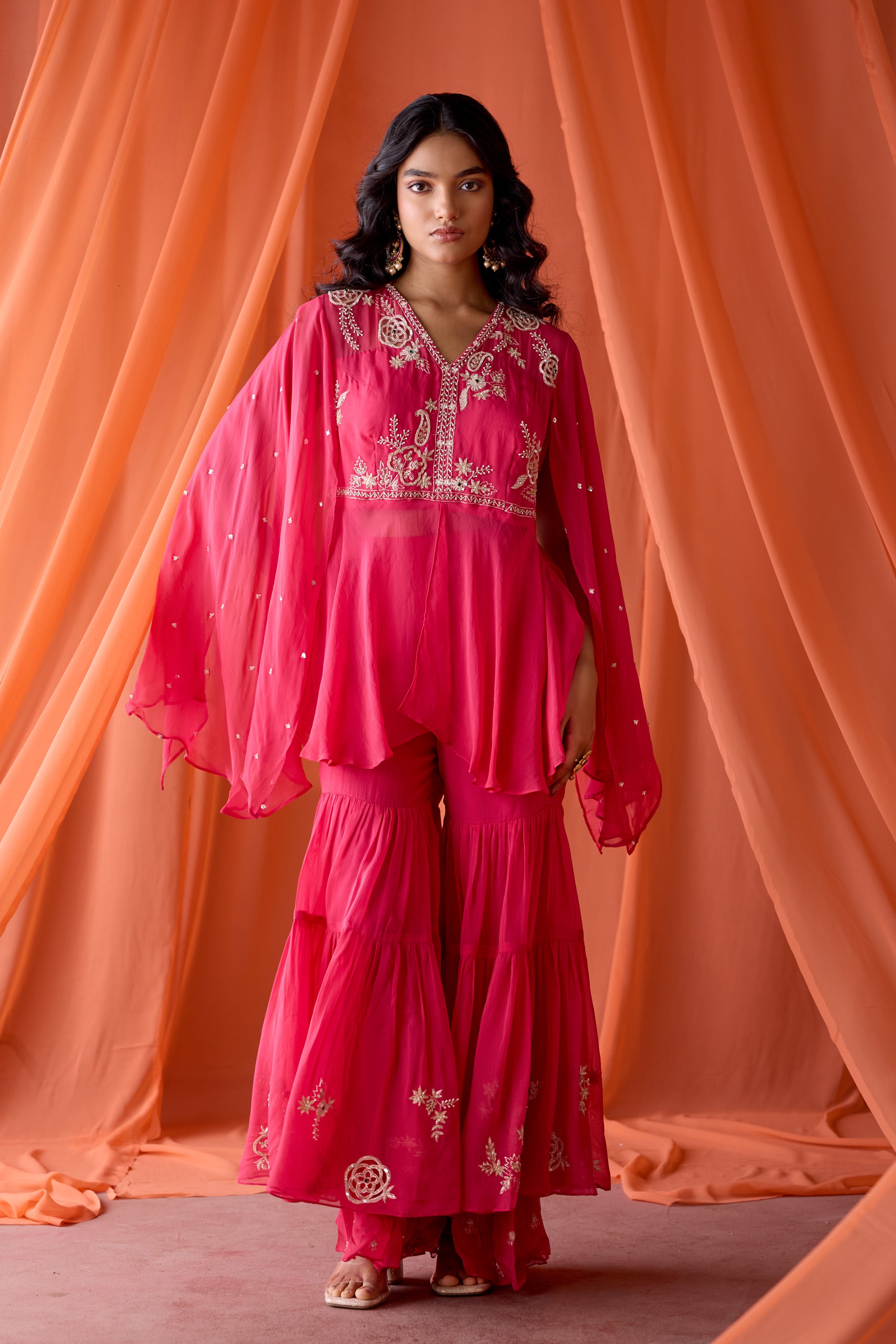 Rose Pink Embellished Organza Silk Sharara Set