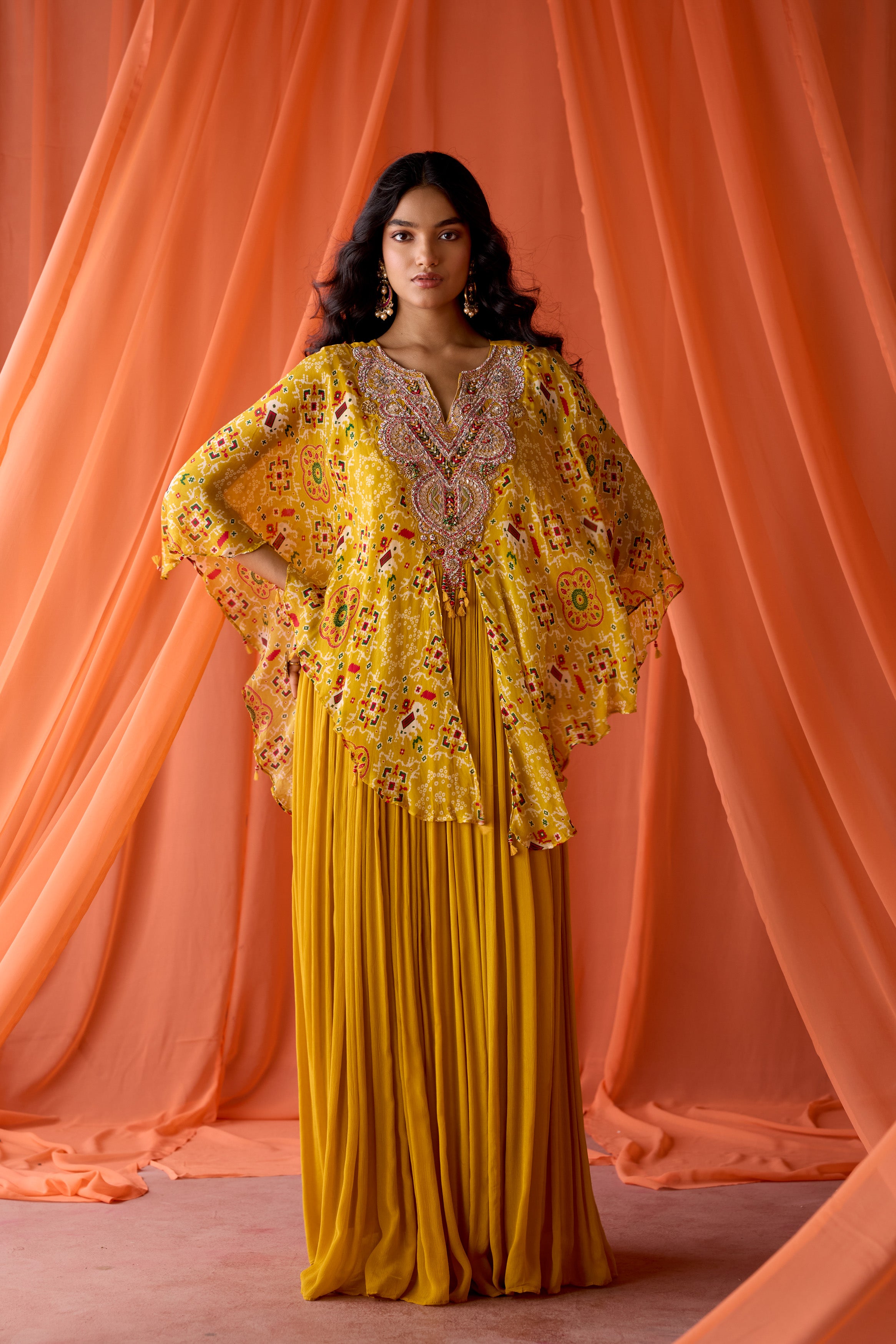 Mustard Yellow Embellished Chinon Silk Gown