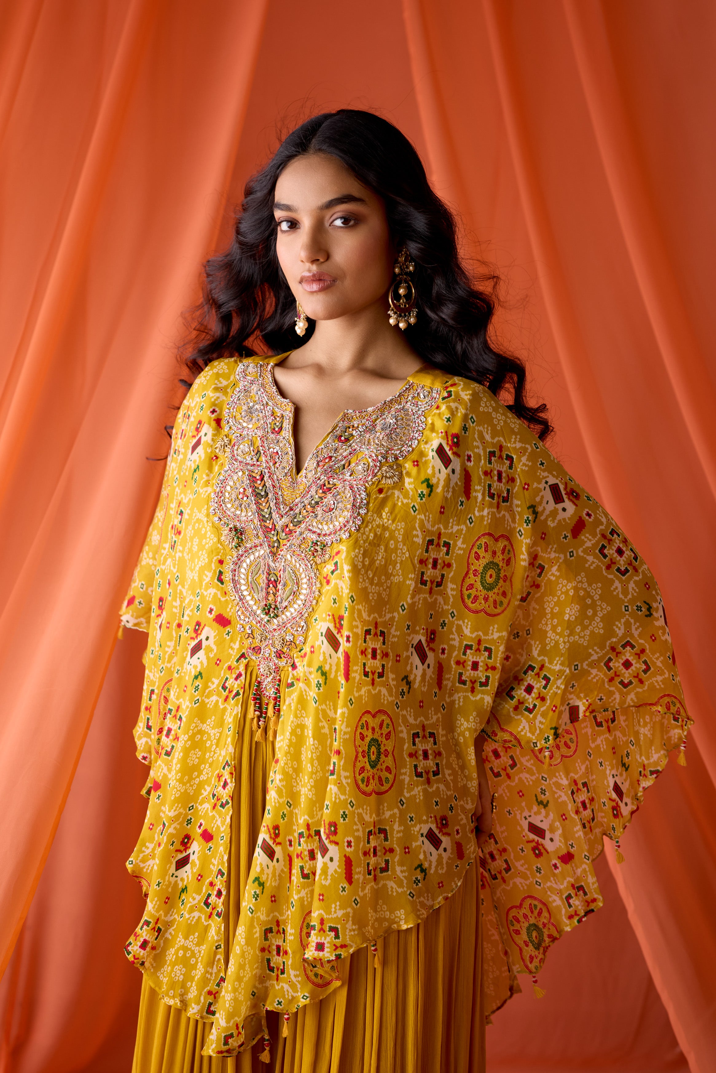 Mustard Yellow Embellished Chinon Silk Gown