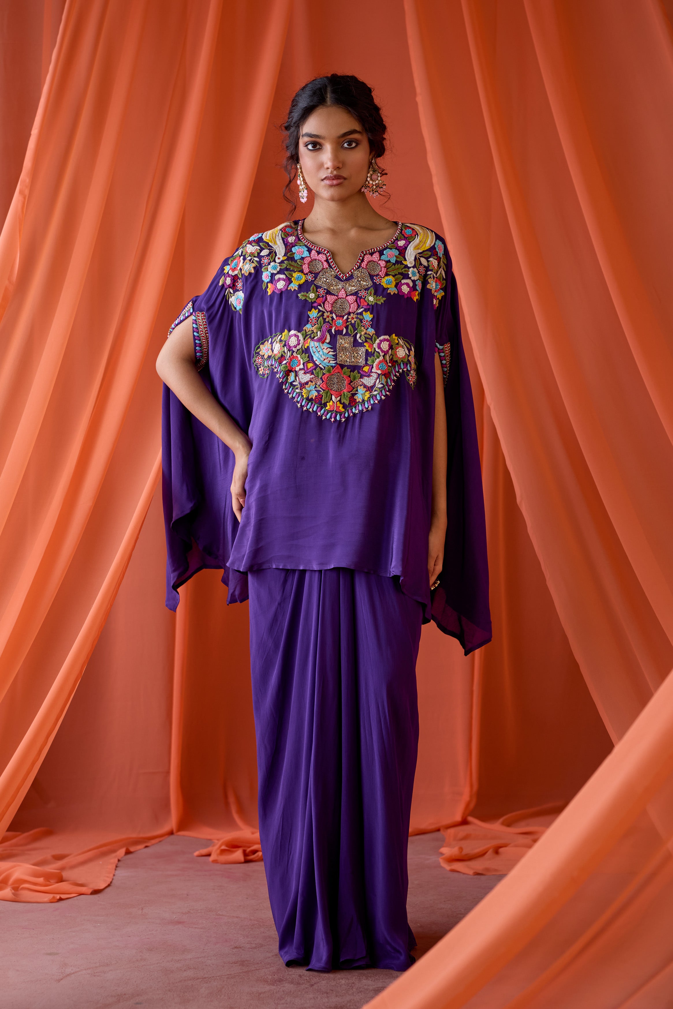 Deep Purple Embroidered Premium Silk Kaftan Set