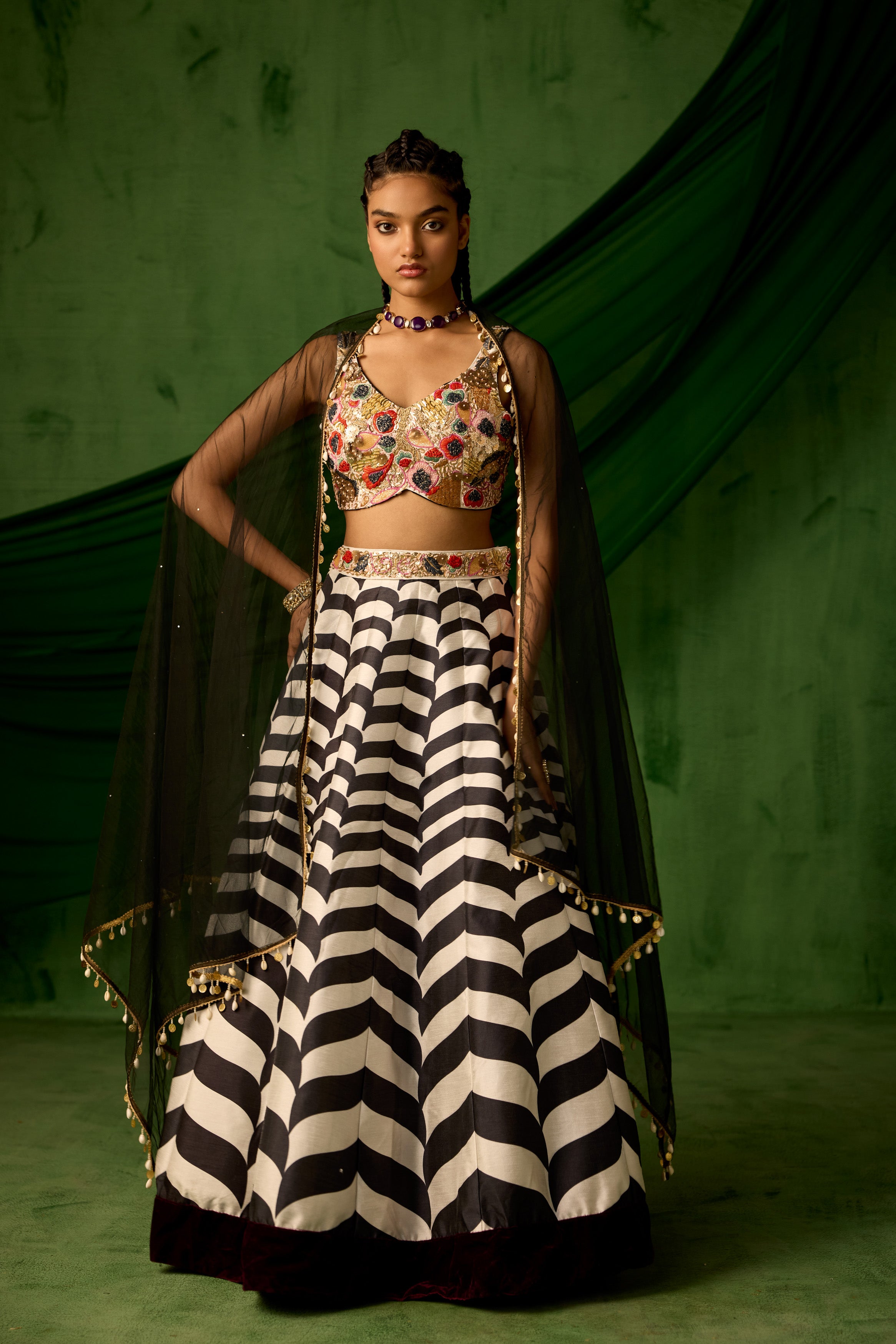 Black & White Embellished Raw Silk Lehenga set