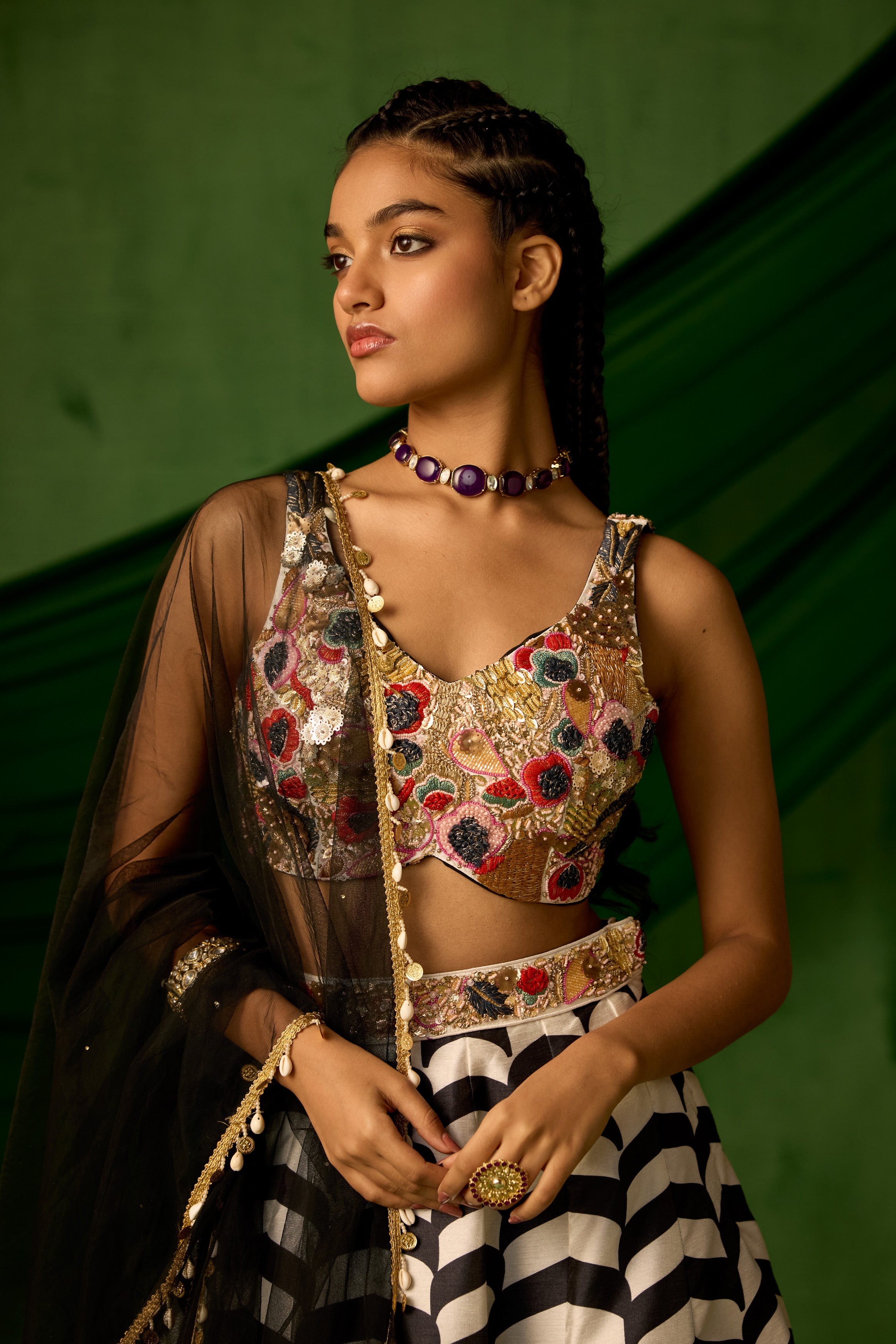 Black & White Embellished Raw Silk Lehenga set