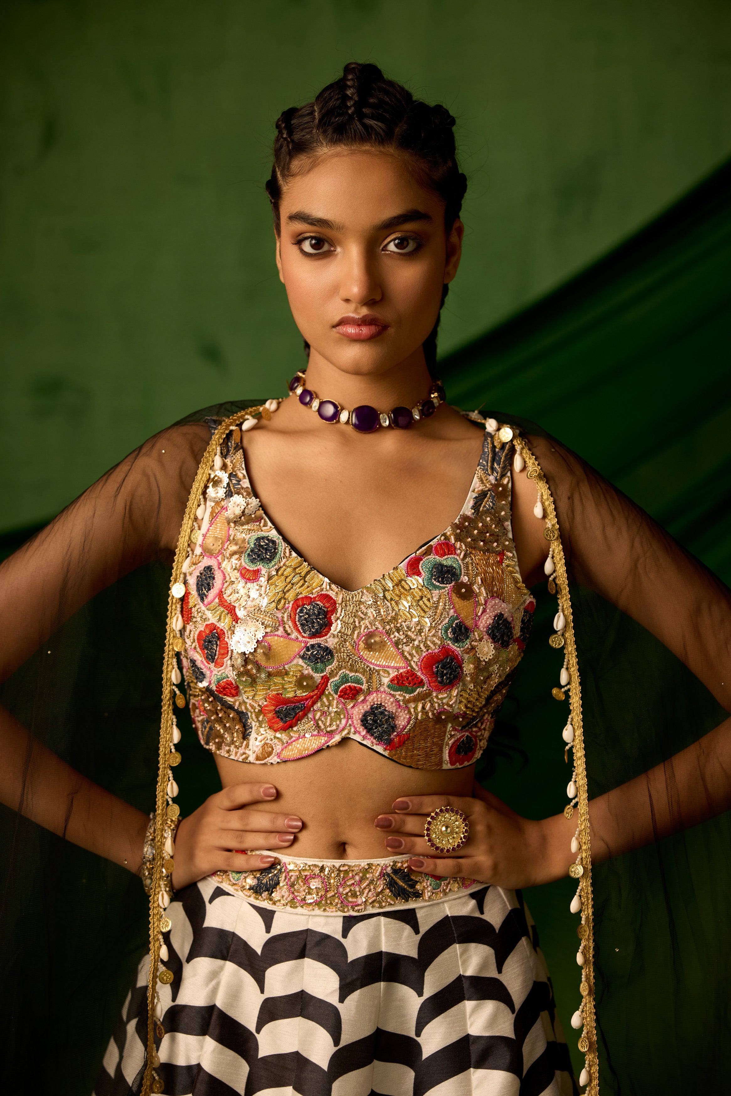 Black & White Embellished Raw Silk Lehenga set