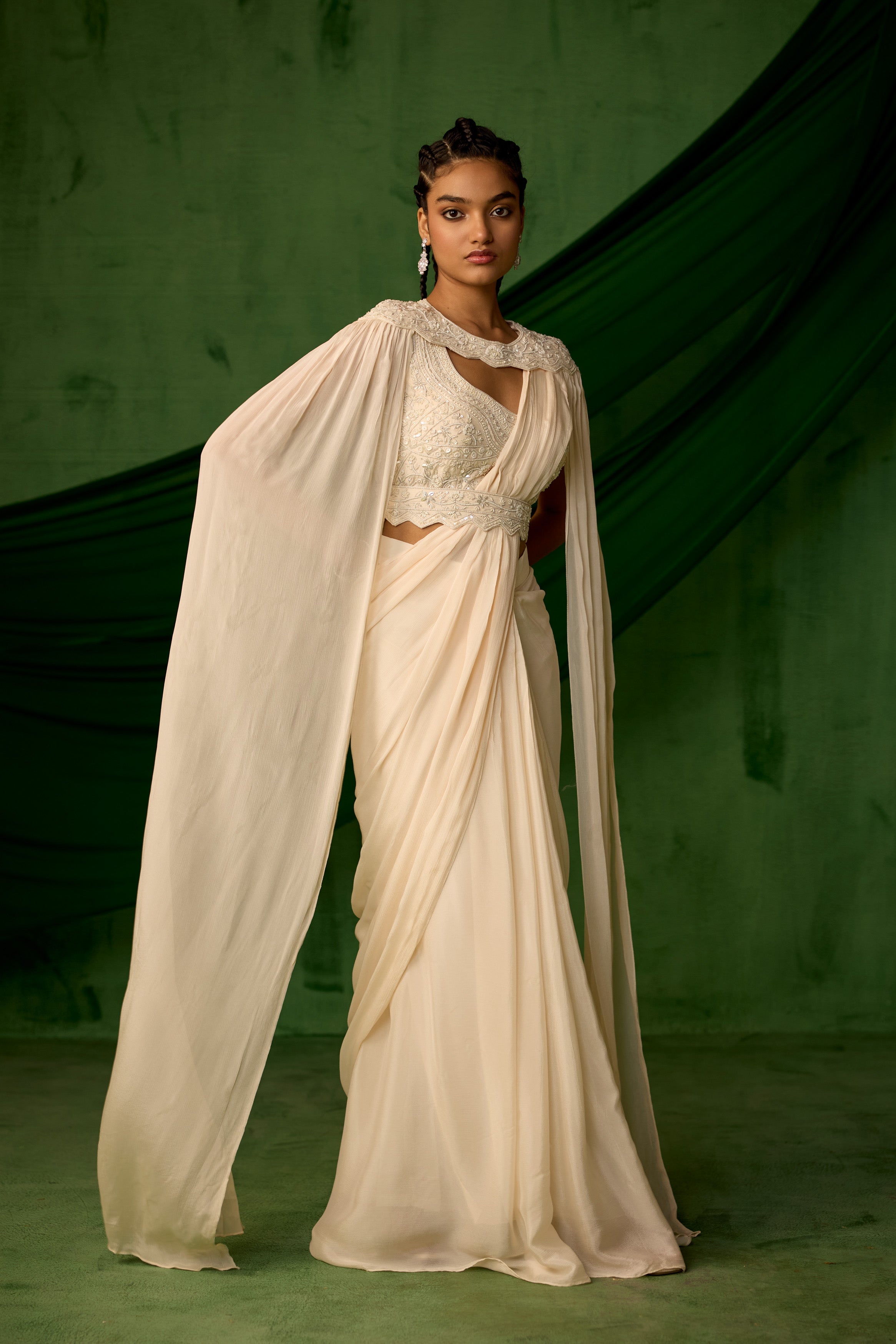 Off White Embellished Chinon Silk Drape saree