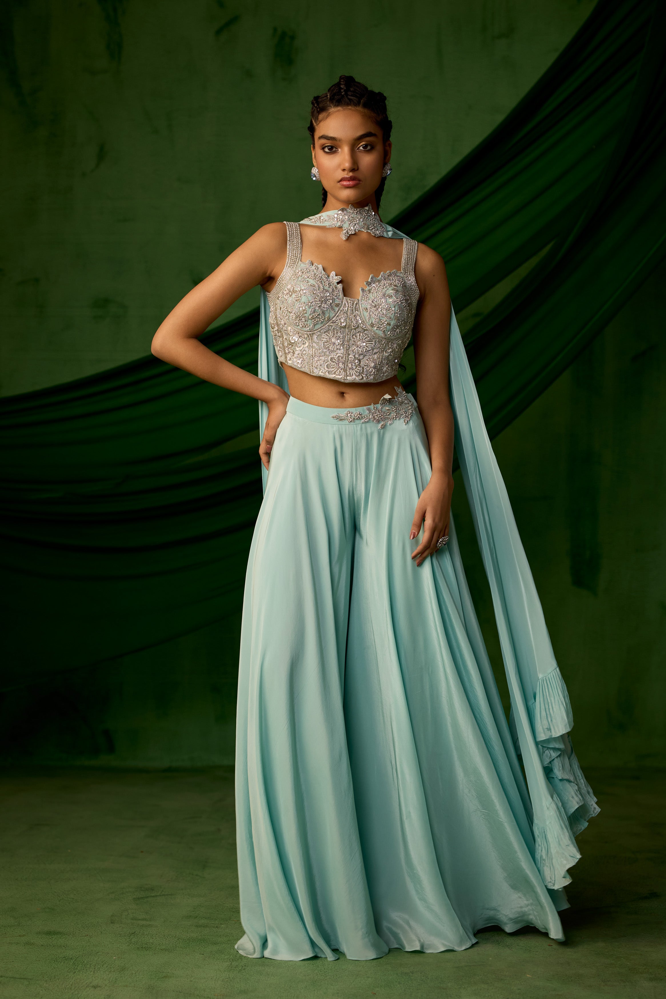 Sky Blue Embellished Satin Silk Palazzo Set
