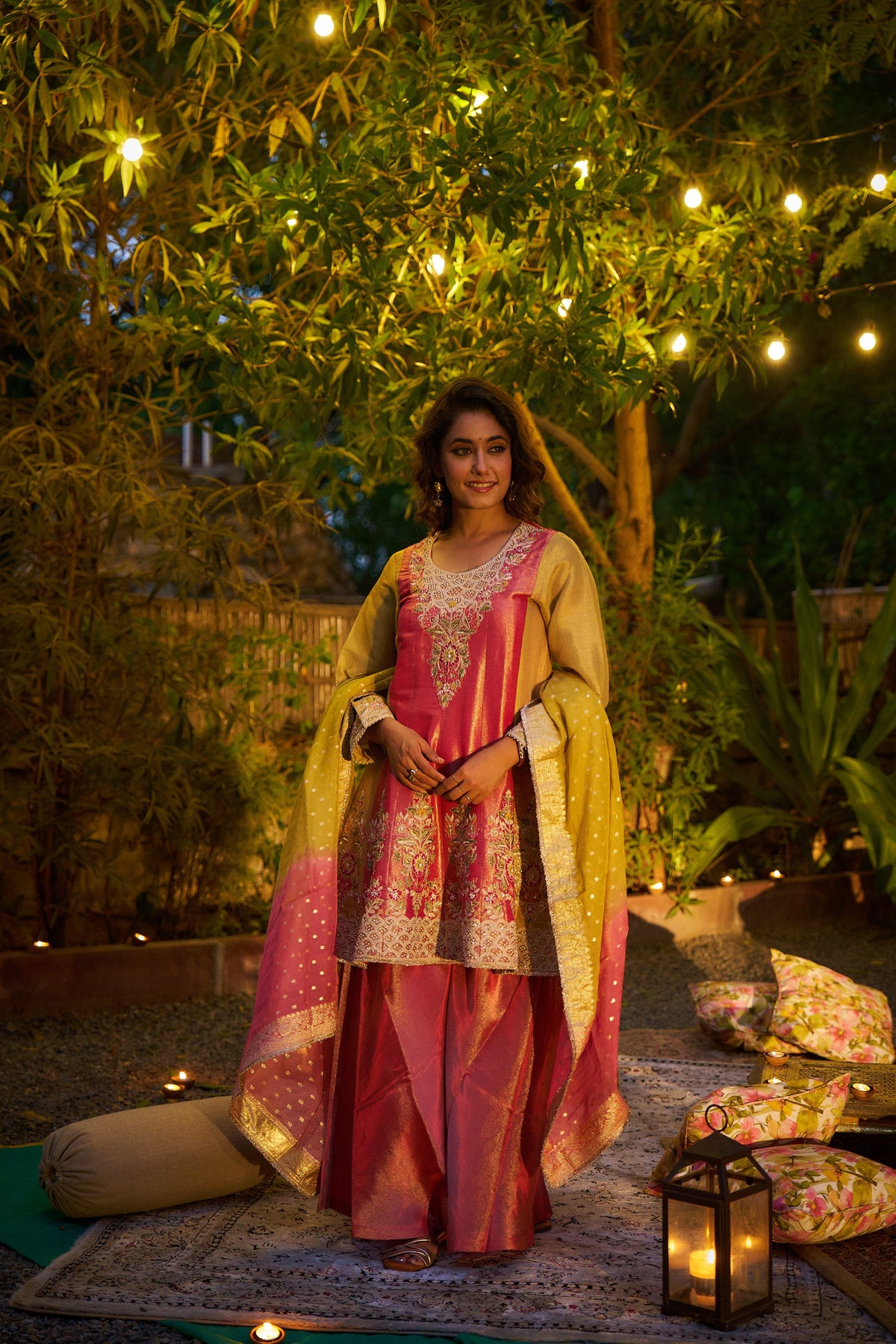 Dusty Pink Embellished Tissue Silk Palazzo Set